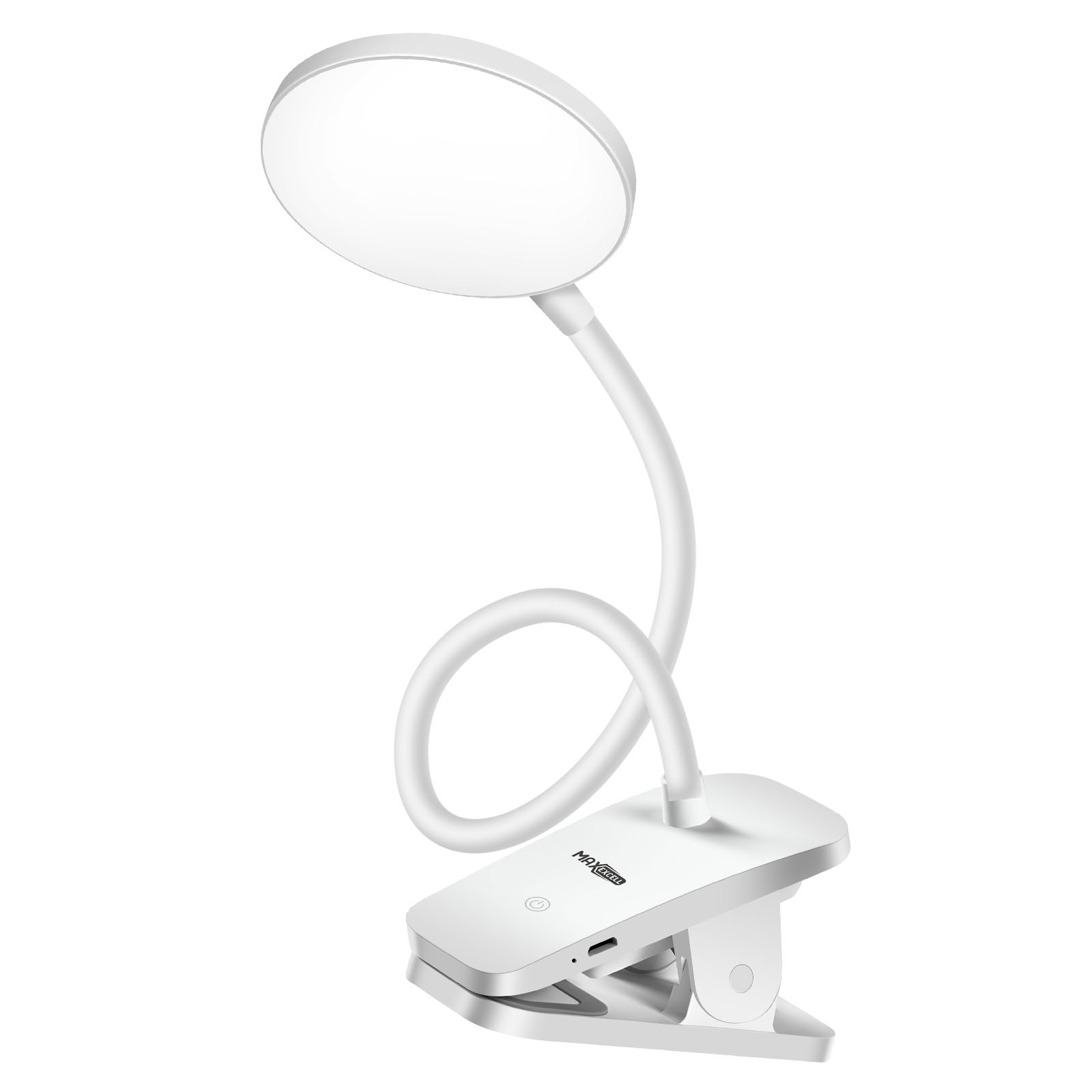Eine weiße LED-Schreibtischlampe mit flexiblem Hals und Clip-Basis, das Licht ist rund.