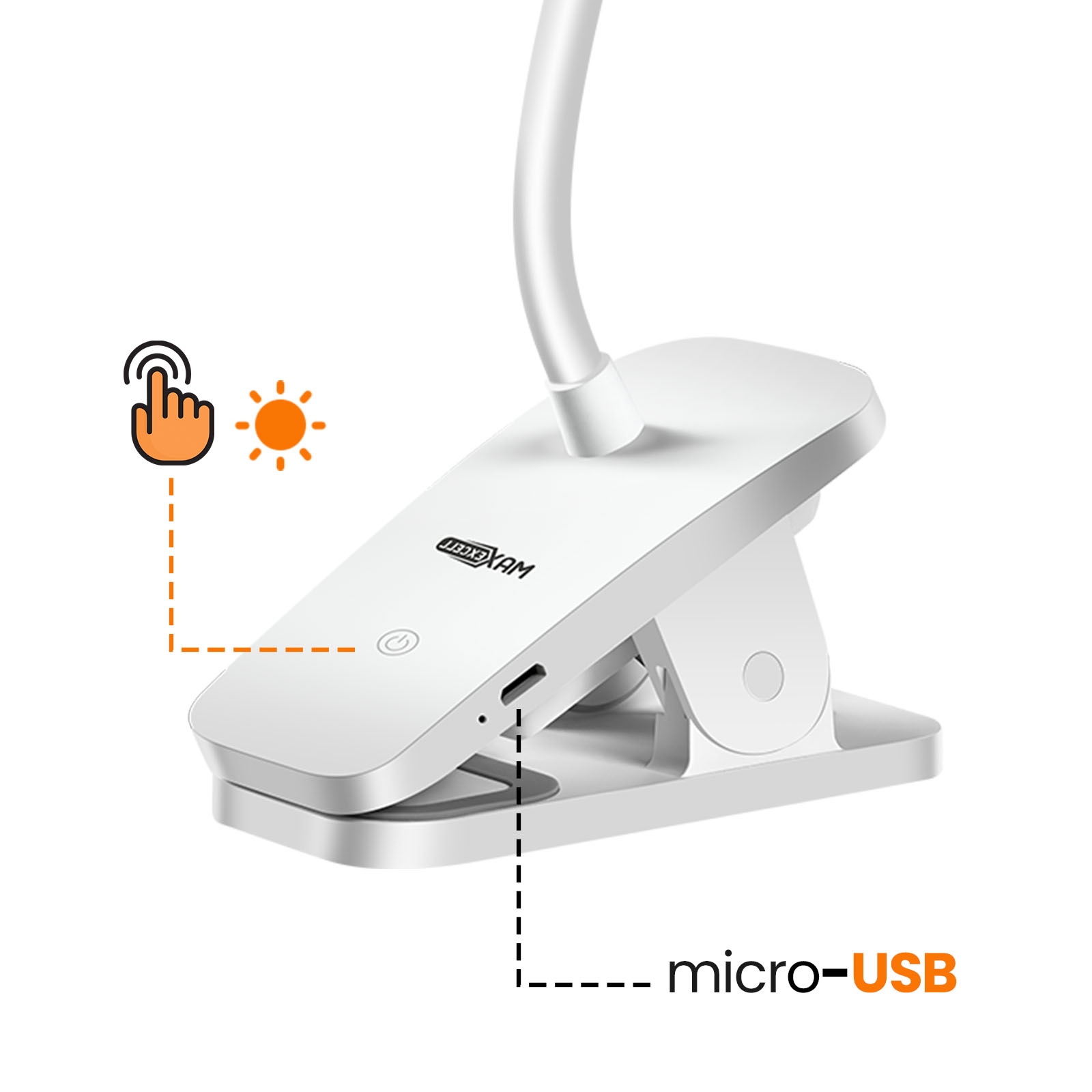 Weiße Schreibtischlampe mit Clipfuß und flexiblem Hals. Micro-USB-Anschluss sichtbar. Berührungs- und Sonnensymbol werden angezeigt.
