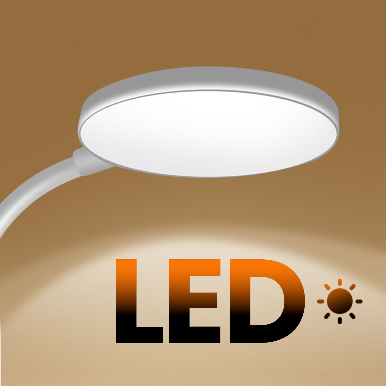 Eine weiße LED-Lampe mit hellem Licht, das Wort LED in Orange und Schwarz und ein Sonnensymbol auf braunem Hintergrund.