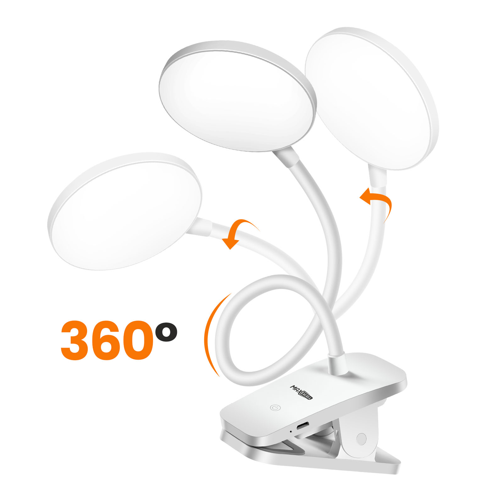 Eine weiße LED-Clip-On-Lampe mit drei verstellbaren Köpfen. Sie zeigt eine 360-Grad-Drehung mit orangefarbenen Pfeilen. Weißer Hintergrund.