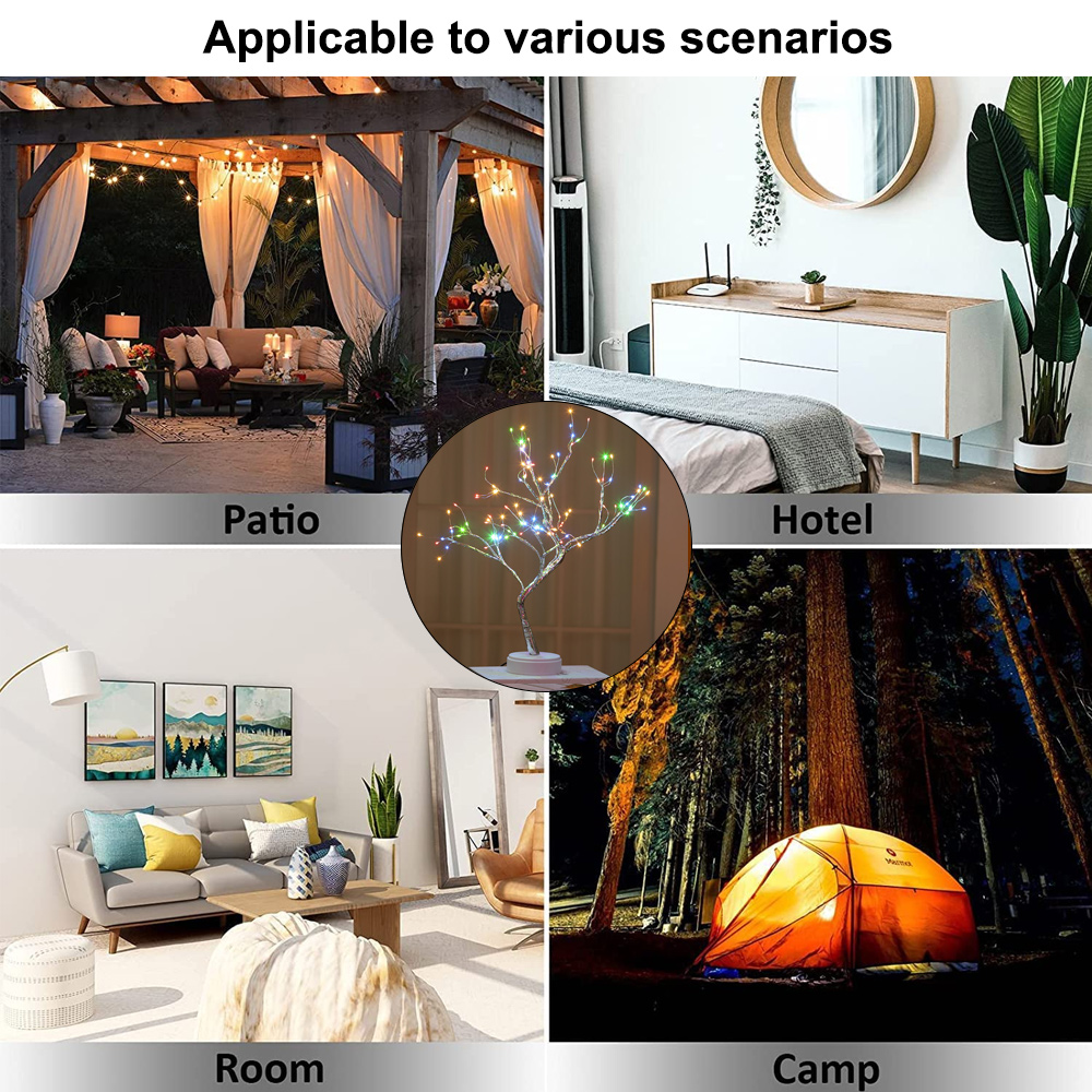 Das Bild zeigt Szenen: Terrasse mit Lichtern, Hotelzimmer, Wohnzimmer mit Sofa und ein Lager mit einem Zelt.