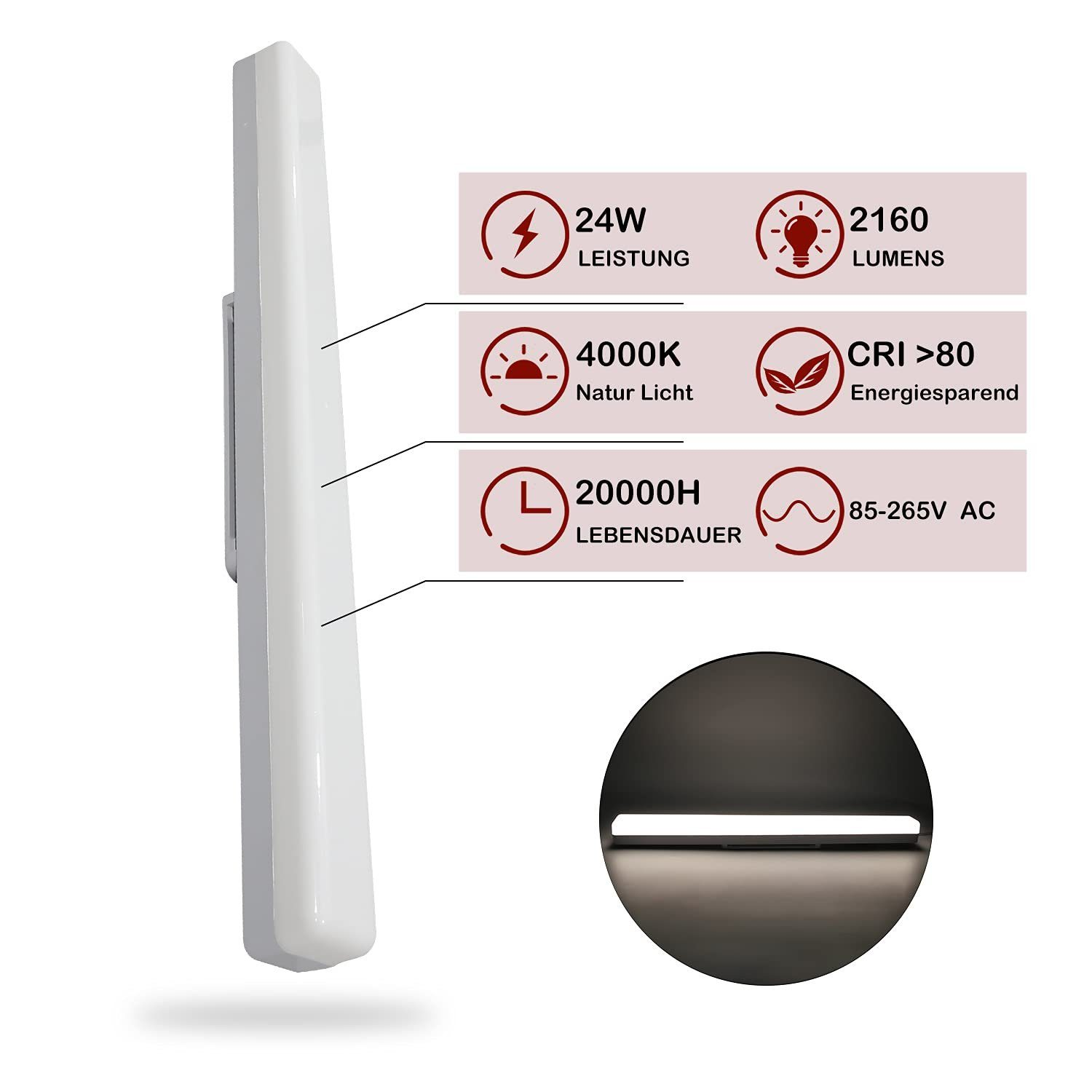 Lampada LED bianca con specifiche: 24W, 2160 lumen, 4000K, CRI <gt/>80, durata 20000H e 85-265V AC. Un cerchio scuro mostra la luce.