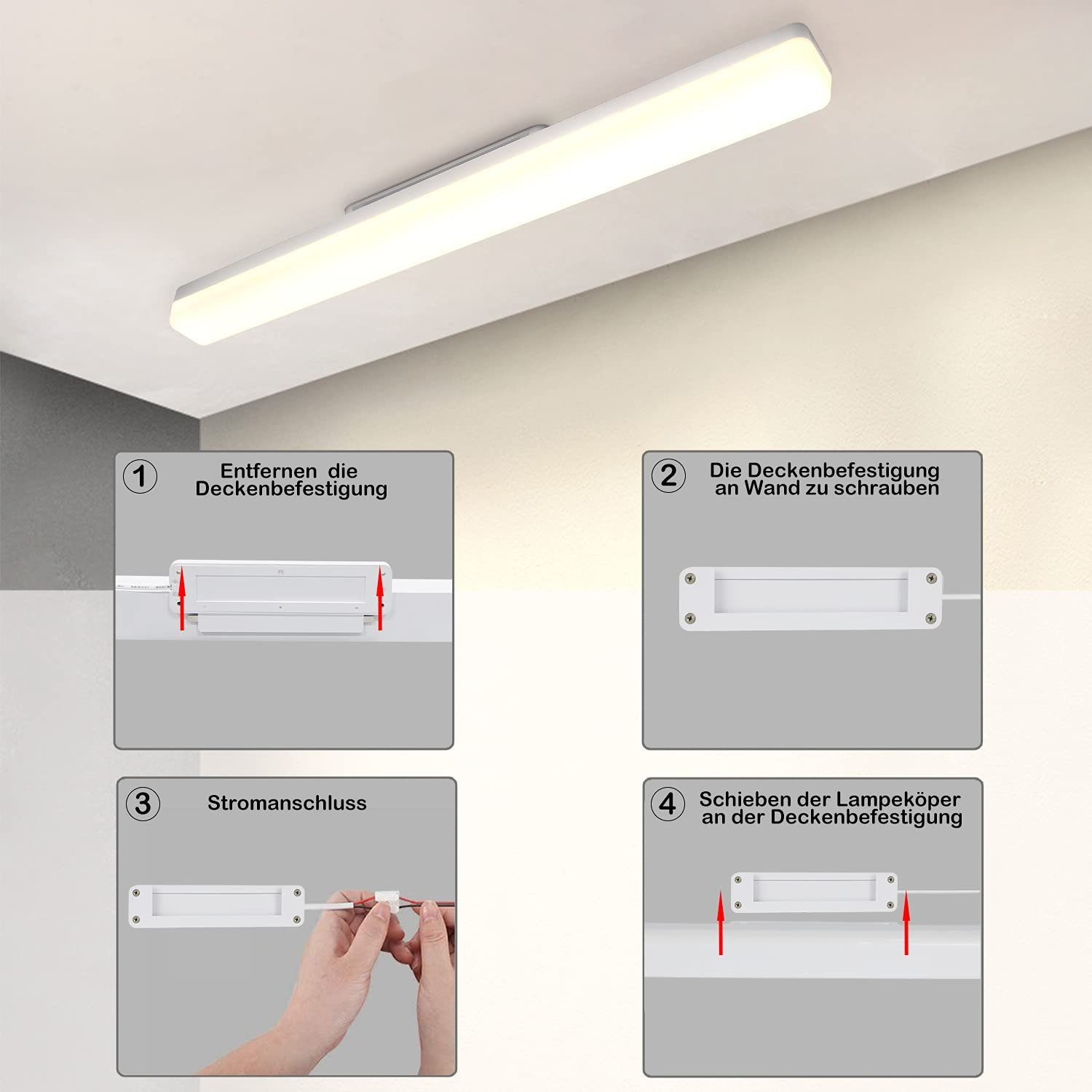Guida all'installazione: Rimuovere l'apparecchio a soffitto, avvitarlo alla parete, collegare l'alimentazione e far scorrere la lampada sull'apparecchio.