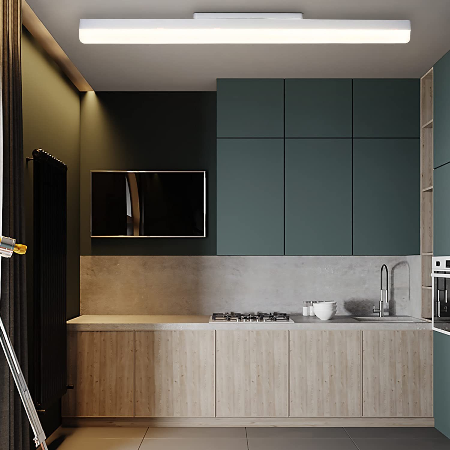 Cucina moderna con mobili in legno, parete e mobili verde scuro, TV, plafoniera, lavello, piano cottura e finestra.