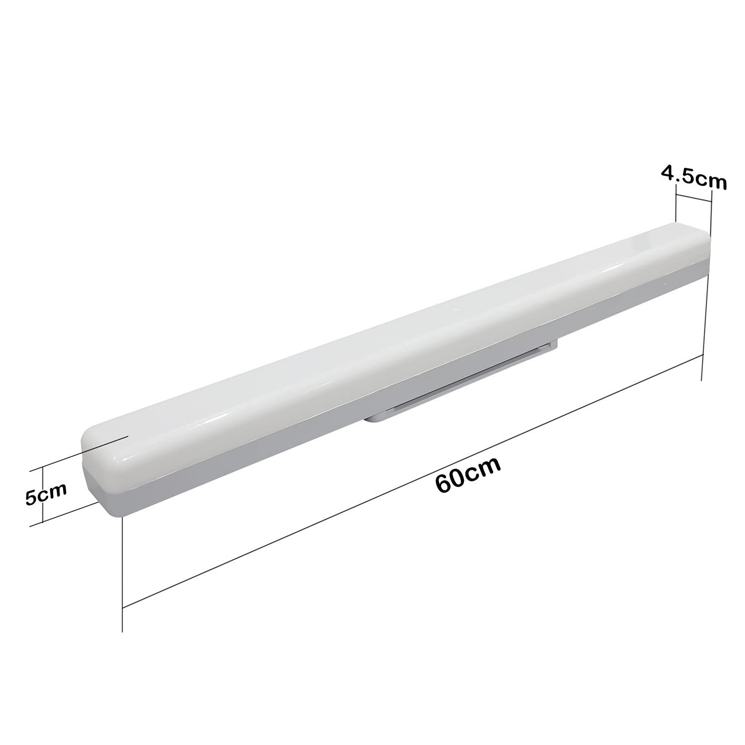 Un apparecchio di illuminazione rettangolare bianco. Dimensioni: 60 cm di lunghezza, 5 cm di altezza e 4,5 cm di larghezza.
