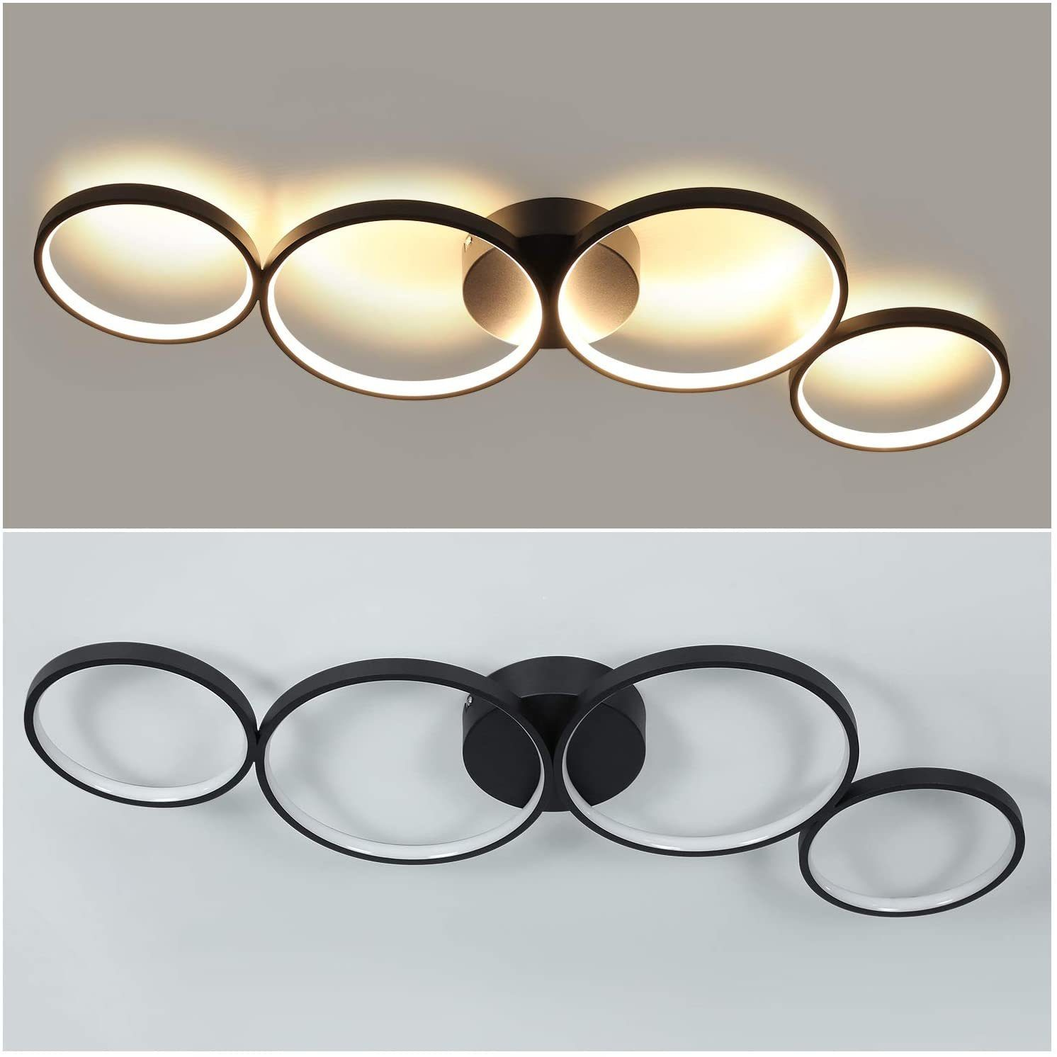 Lampada da soffitto con cornici circolari nere e luci interne bianche. L'apparecchio è montato su un soffitto bianco.