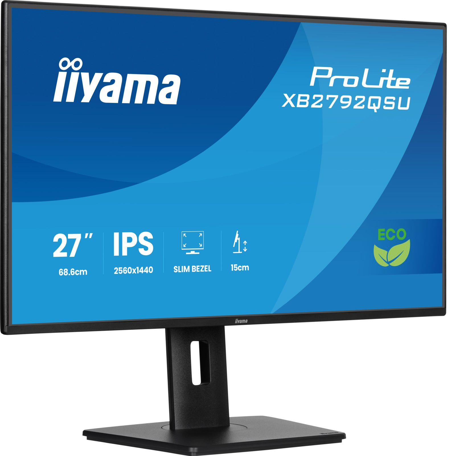 Iiyama ProLite monitor. Black frame, blue background with text, and a black stand. The screen displays product specifications.