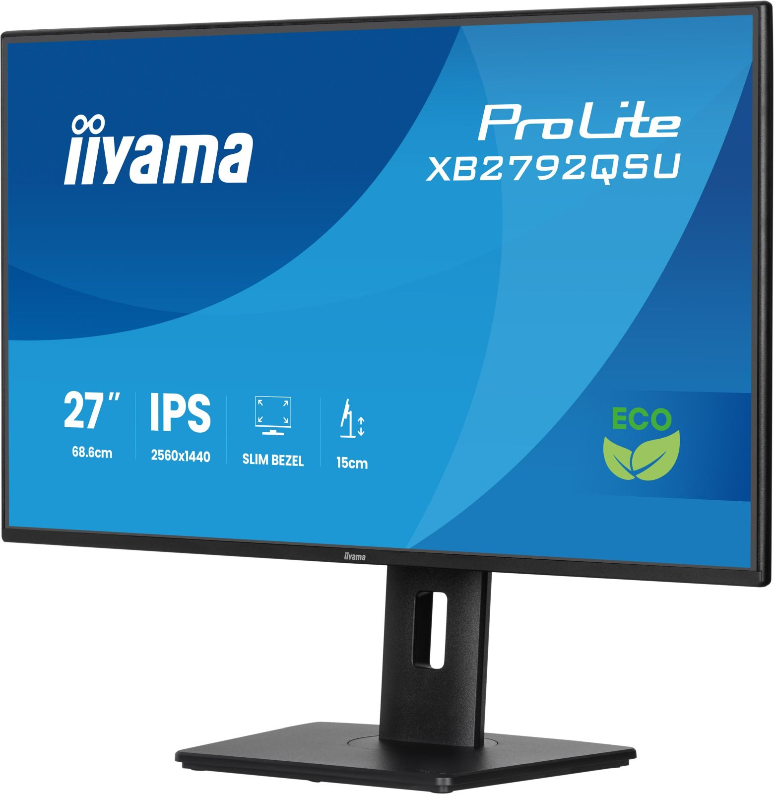 An Iiyama monitor with a blue screen displays product details. It has a black stand. The screen shows product specs.