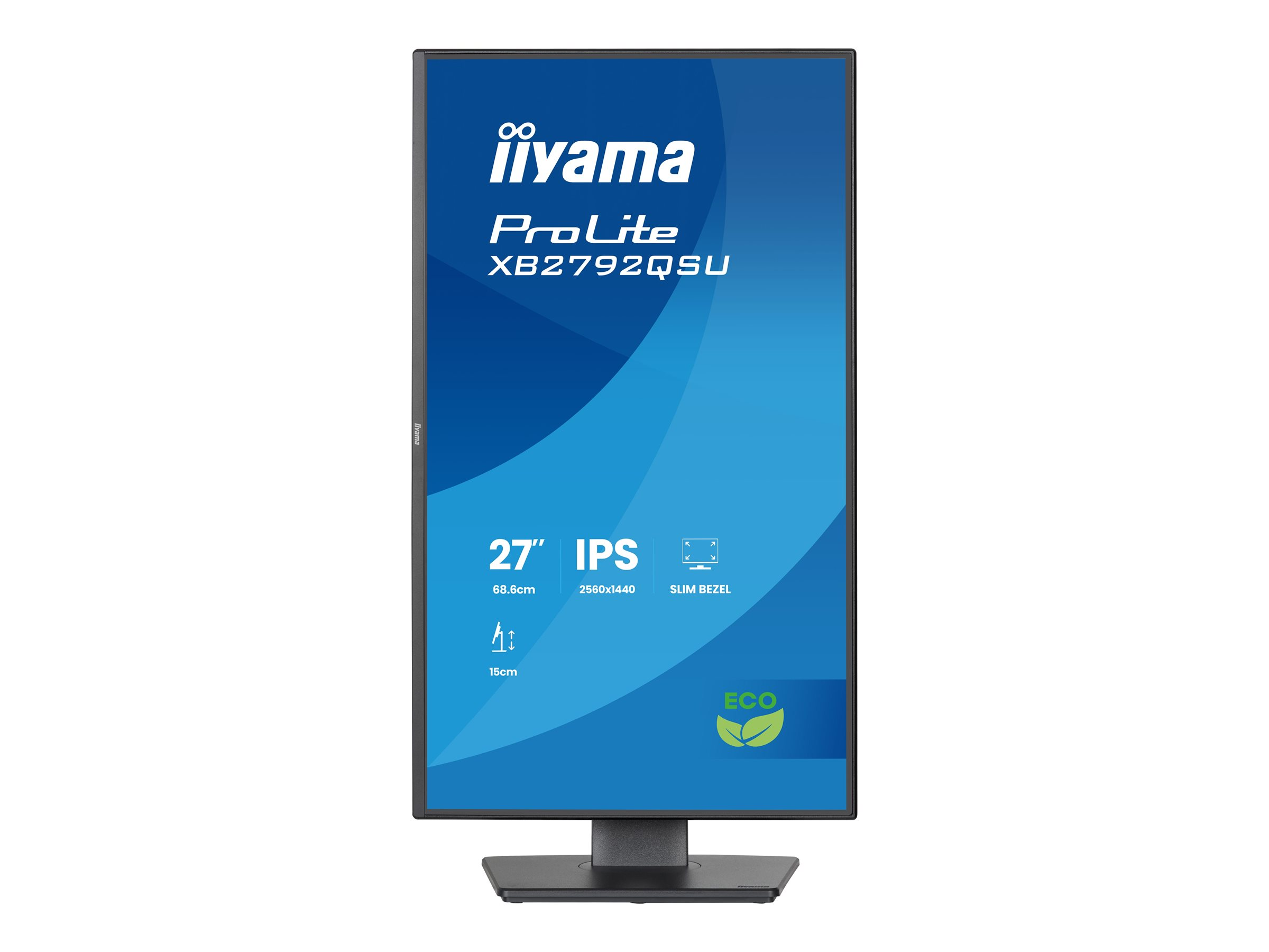 An Iiyama ProLite monitor. It is black with a blue background and white text. It has a stand.