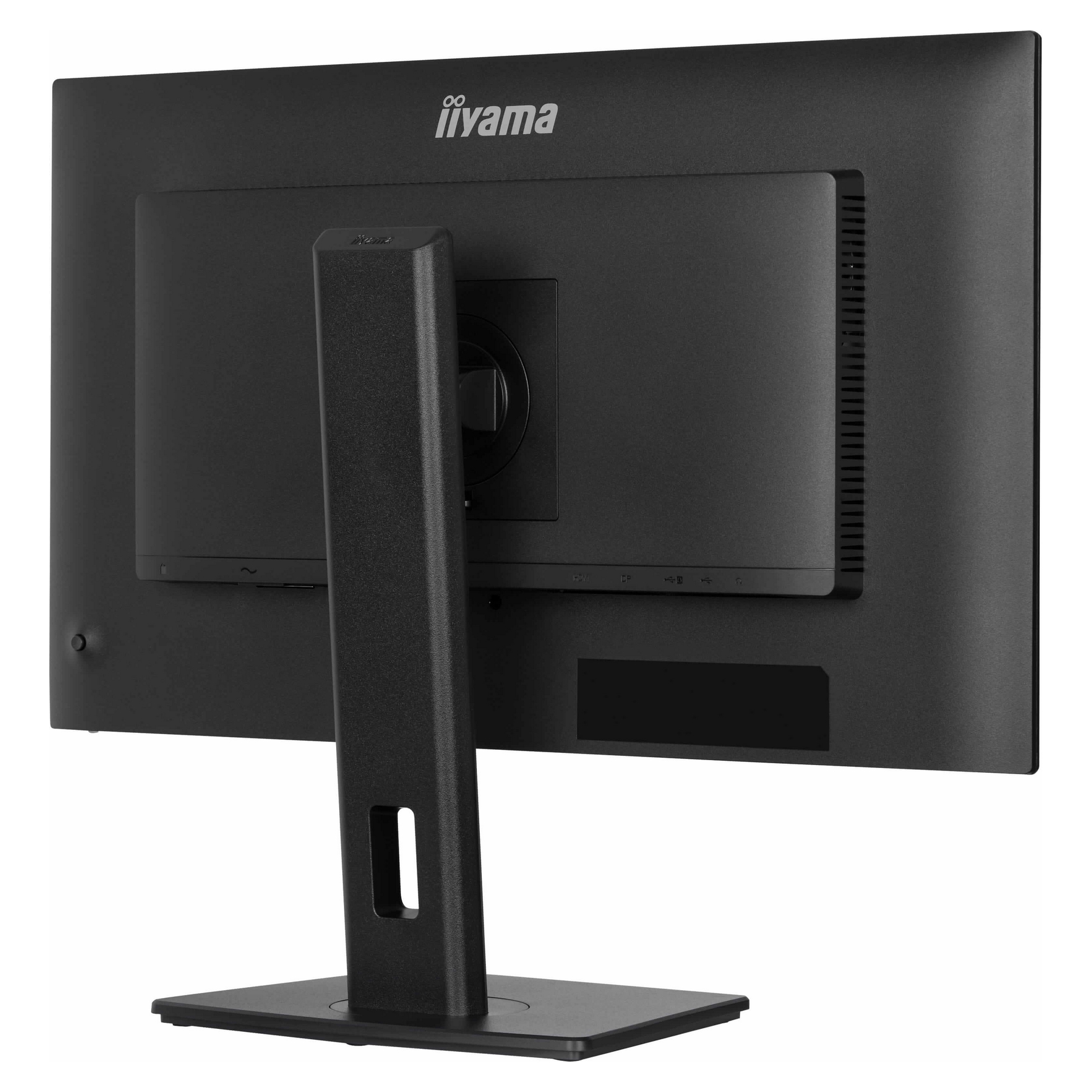 Black computer monitor back with stand. Iiyama logo visible. Ports and vents are present.