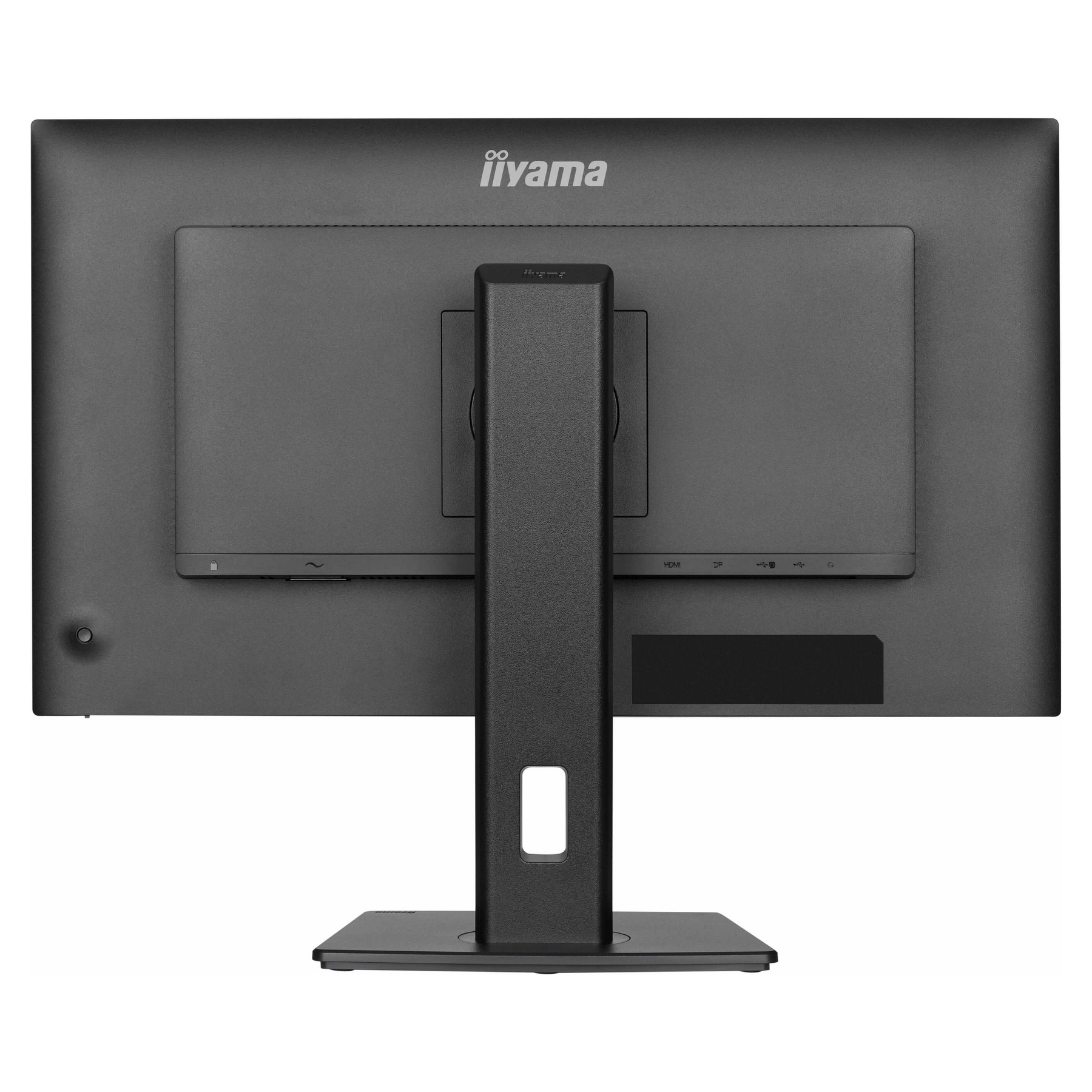 Rear view of a black computer monitor. It has a stand and the iiyama logo.