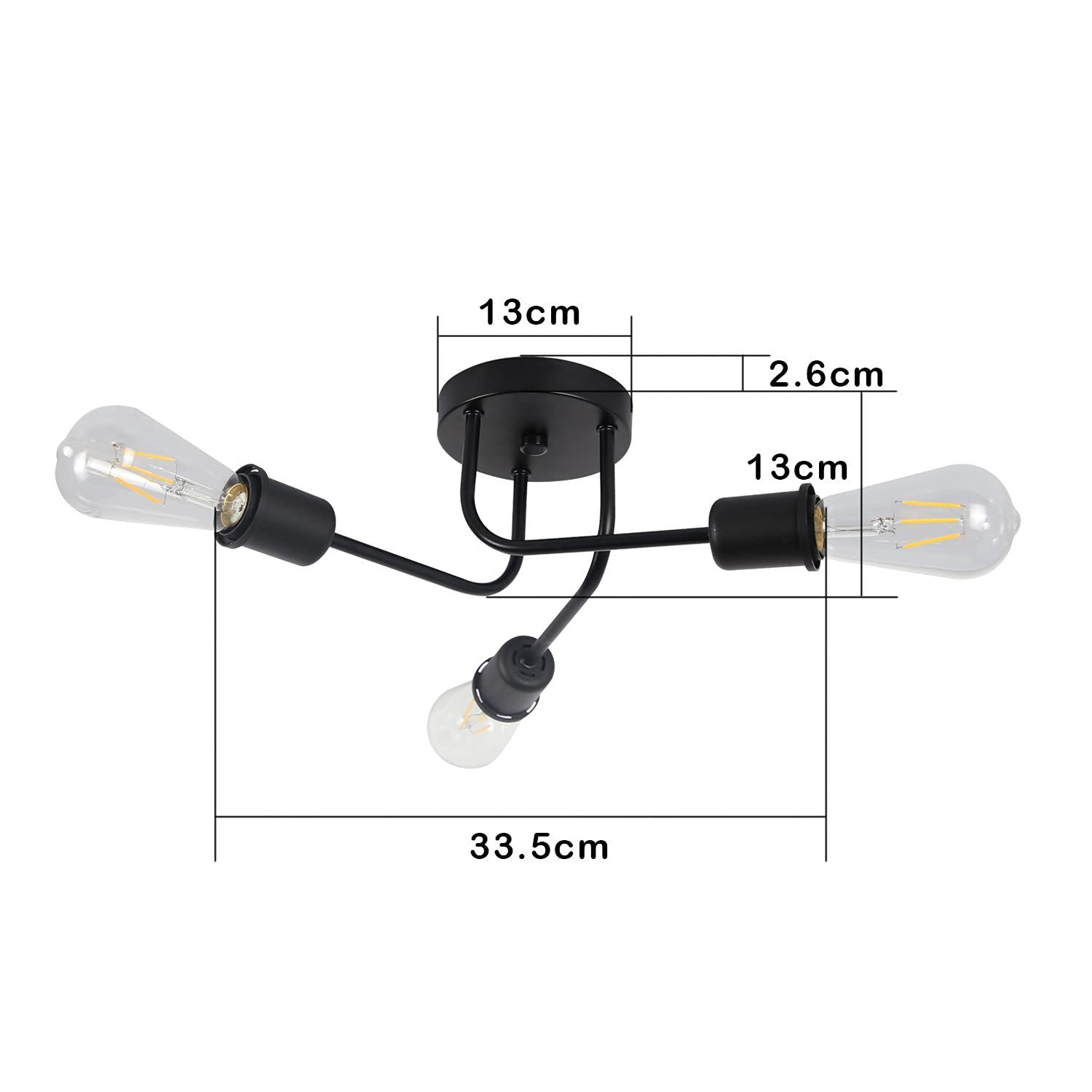 Una lámpara de techo negra con tres bombillas. Dimensiones: 13cm, 2,6cm, 33,5cm. El fondo es blanco.