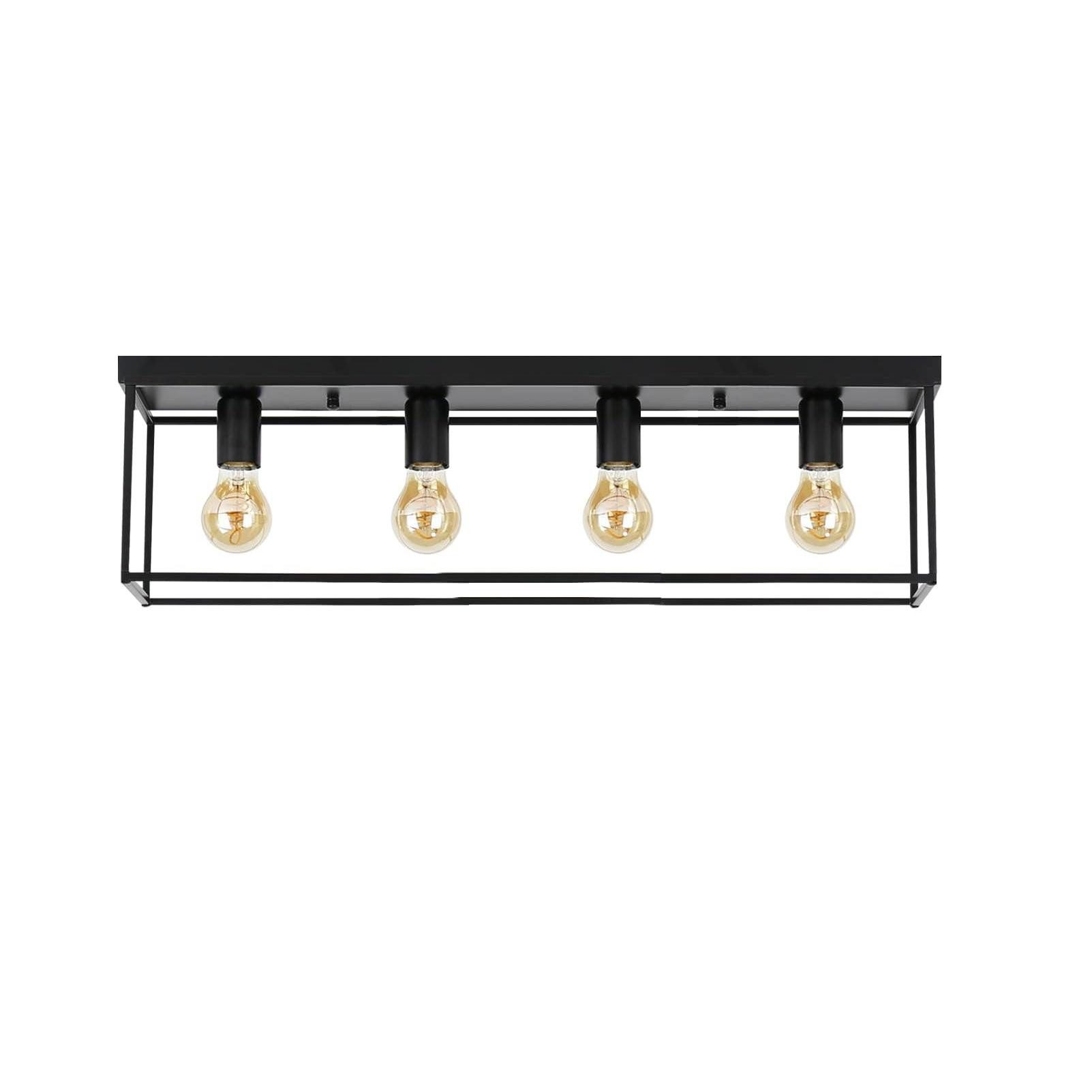 Un apparecchio di illuminazione rettangolare nero con quattro lampadine Edison. L'apparecchio è sospeso su sfondo bianco.