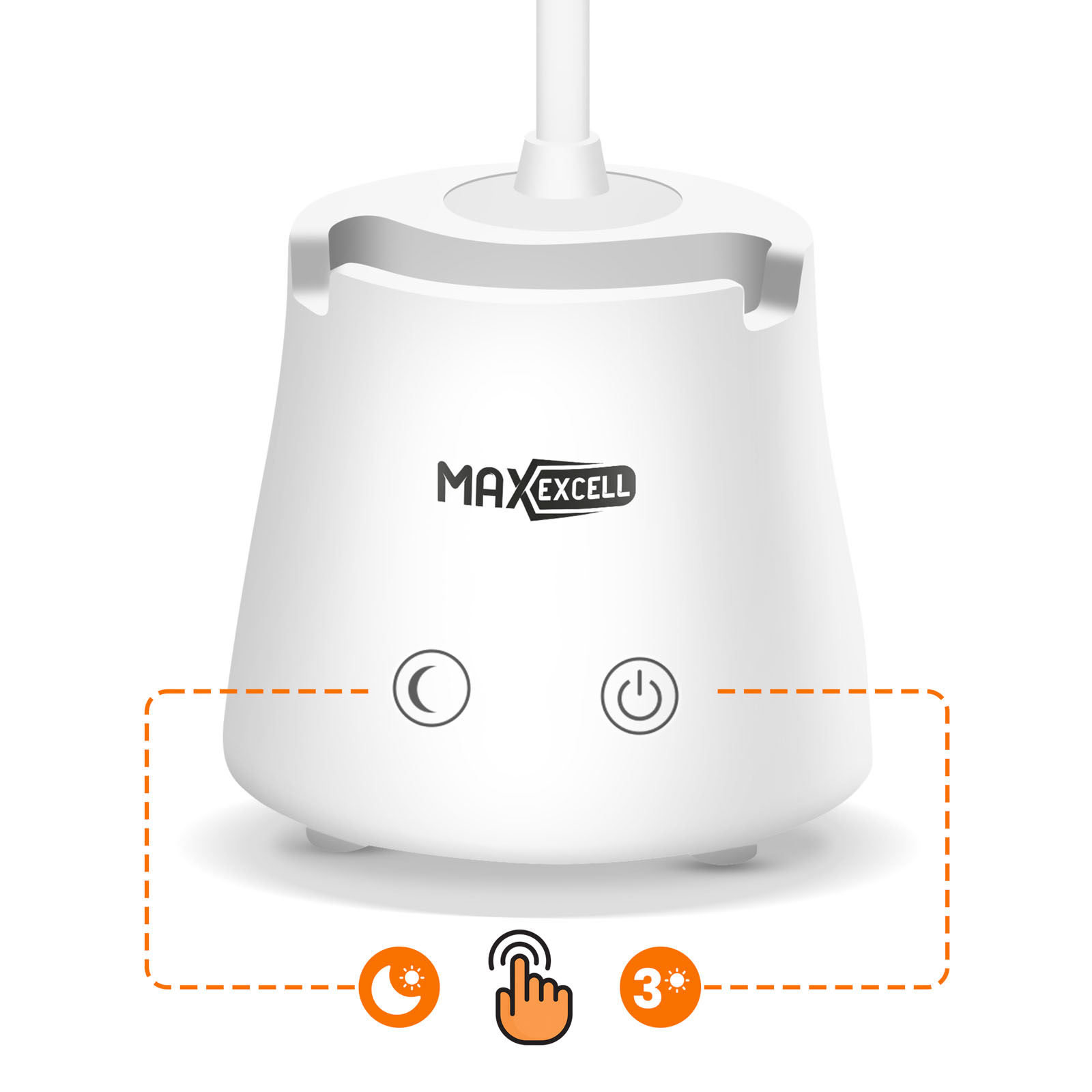 Weiße Schreibtischlampe mit Ein-/Aus- und Modustasten. Orangefarbene Symbole zeigen die Funktionen. Die Marke ist MAXEXCELL.