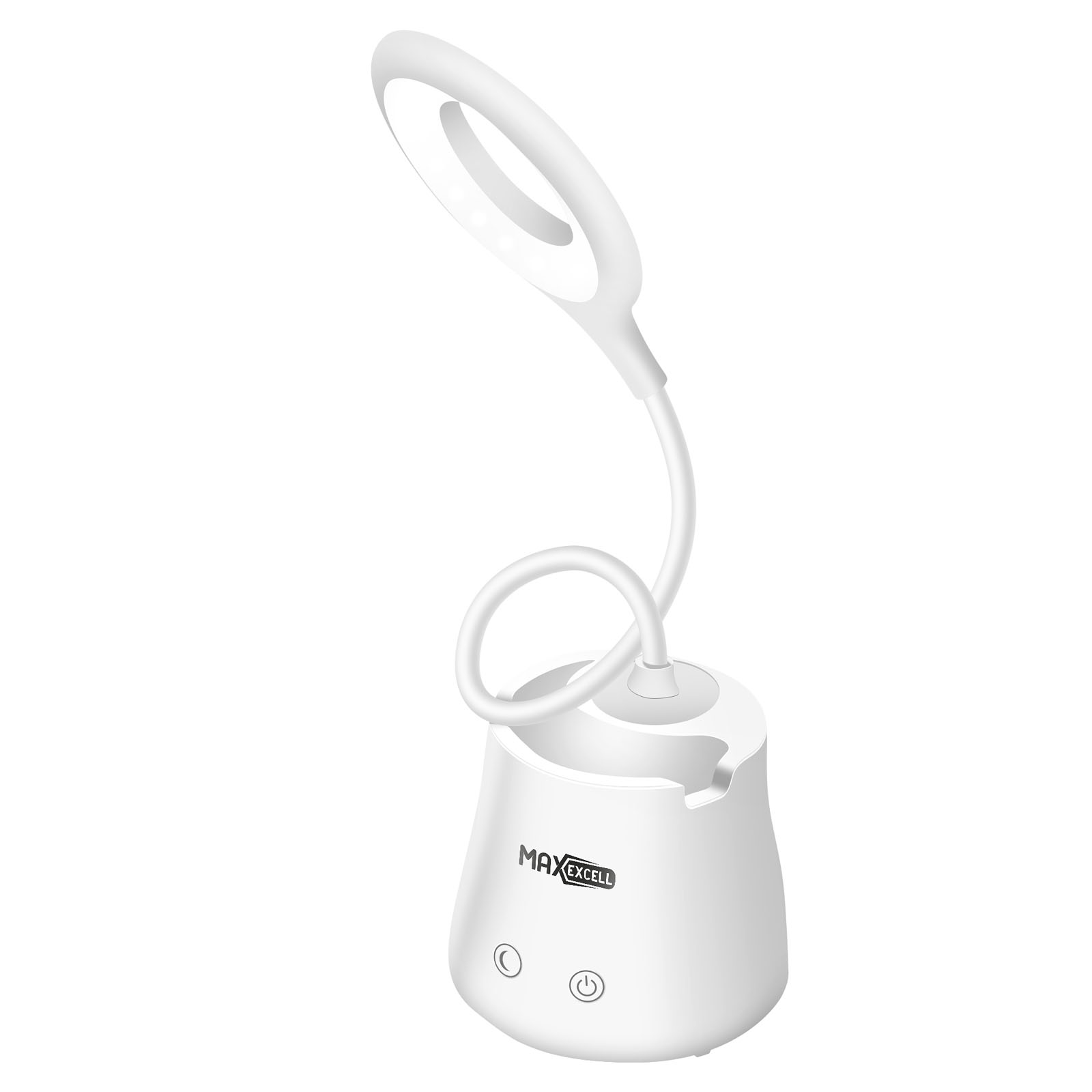 Eine weiße Schreibtischlampe mit rundem Leuchtkopf und flexiblem Hals auf weißer Basis. Die Marke ist MAX EXCELL.