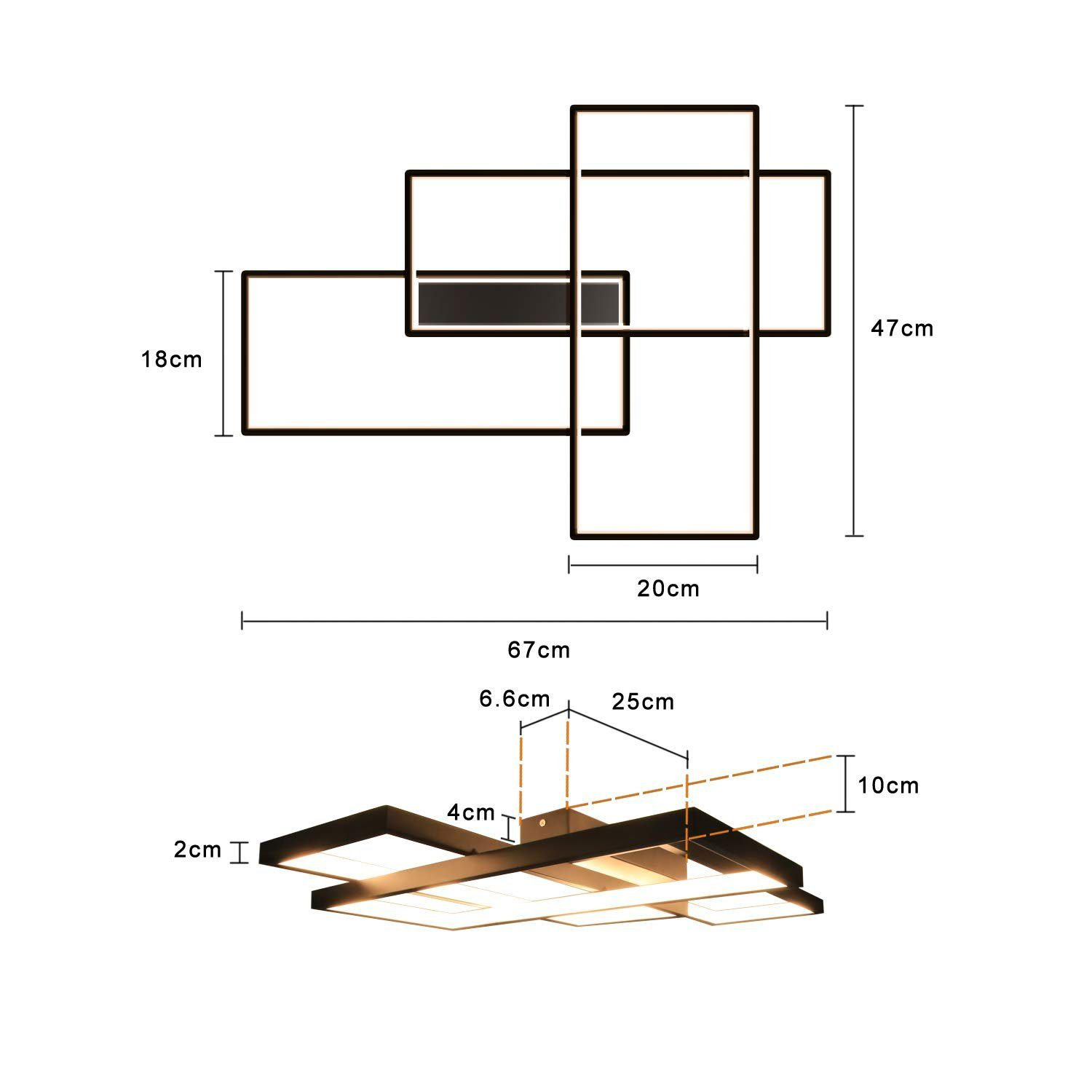Lampada da soffitto moderna geometrica. Le dimensioni sono indicate: 18 cm, 47 cm, 20 cm, 67 cm, 6,6 cm, 25 cm, 2 cm e 10 cm. Bianco e nero.