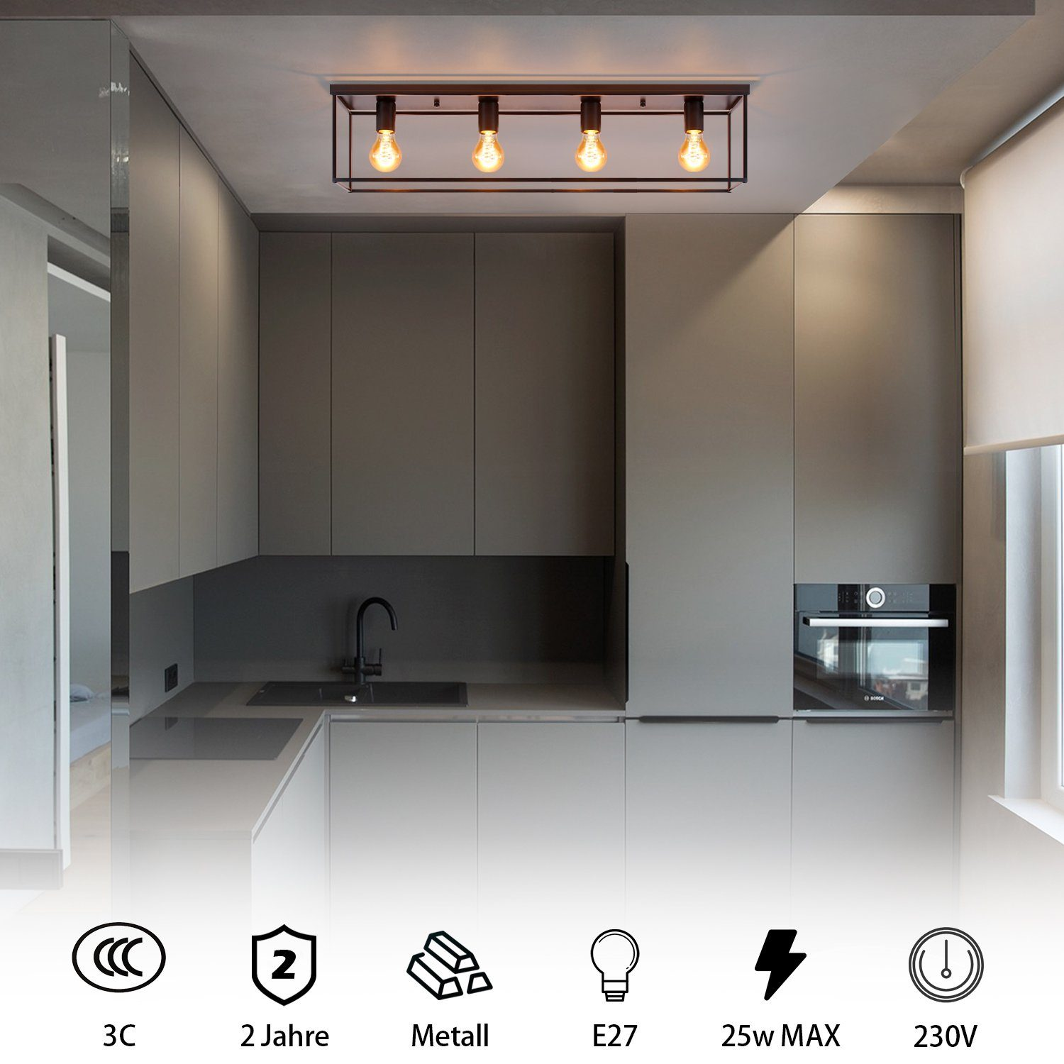 Interno cucina con lampada rettangolare a quattro lampadine. Armadi grigi, lavello e forno. Sotto, icone.