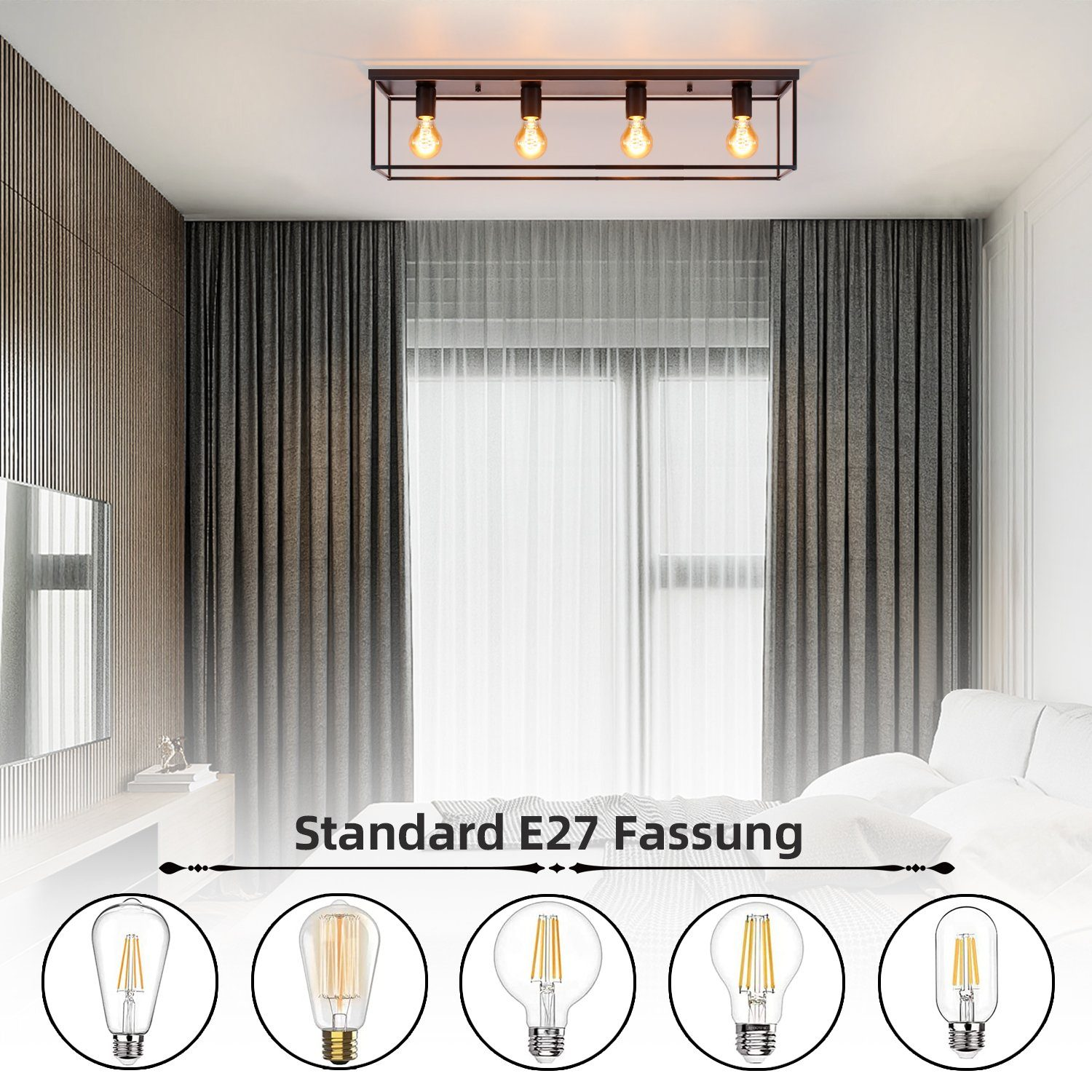 Una camera da letto con un lampadario. Quattro lampadine in una cornice nera. Tende scure e un letto sono visibili.