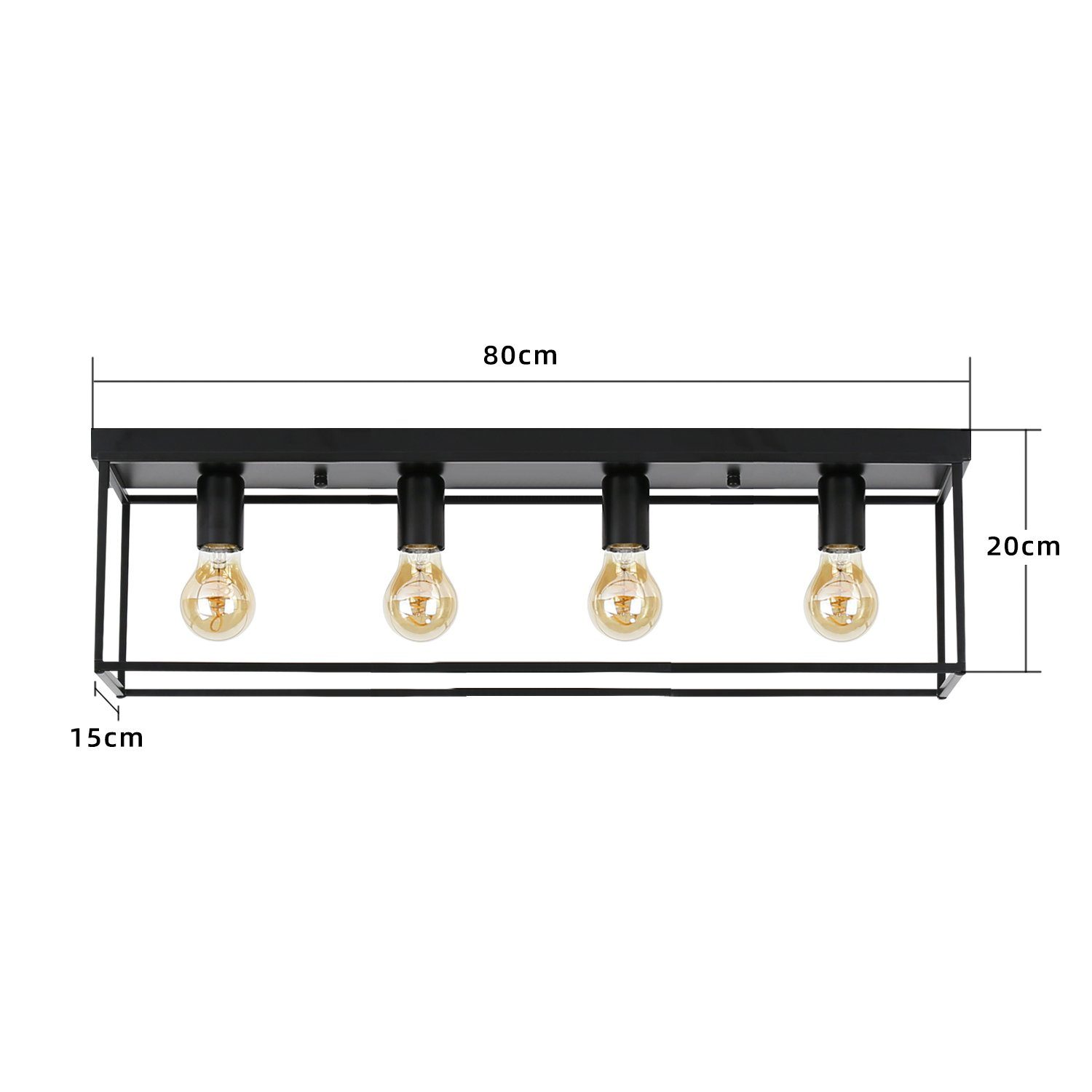 Un apparecchio di illuminazione rettangolare nero con quattro lampadine visibili. Le dimensioni sono: 80 cm di lunghezza, 20 cm di altezza e 15 cm di larghezza.