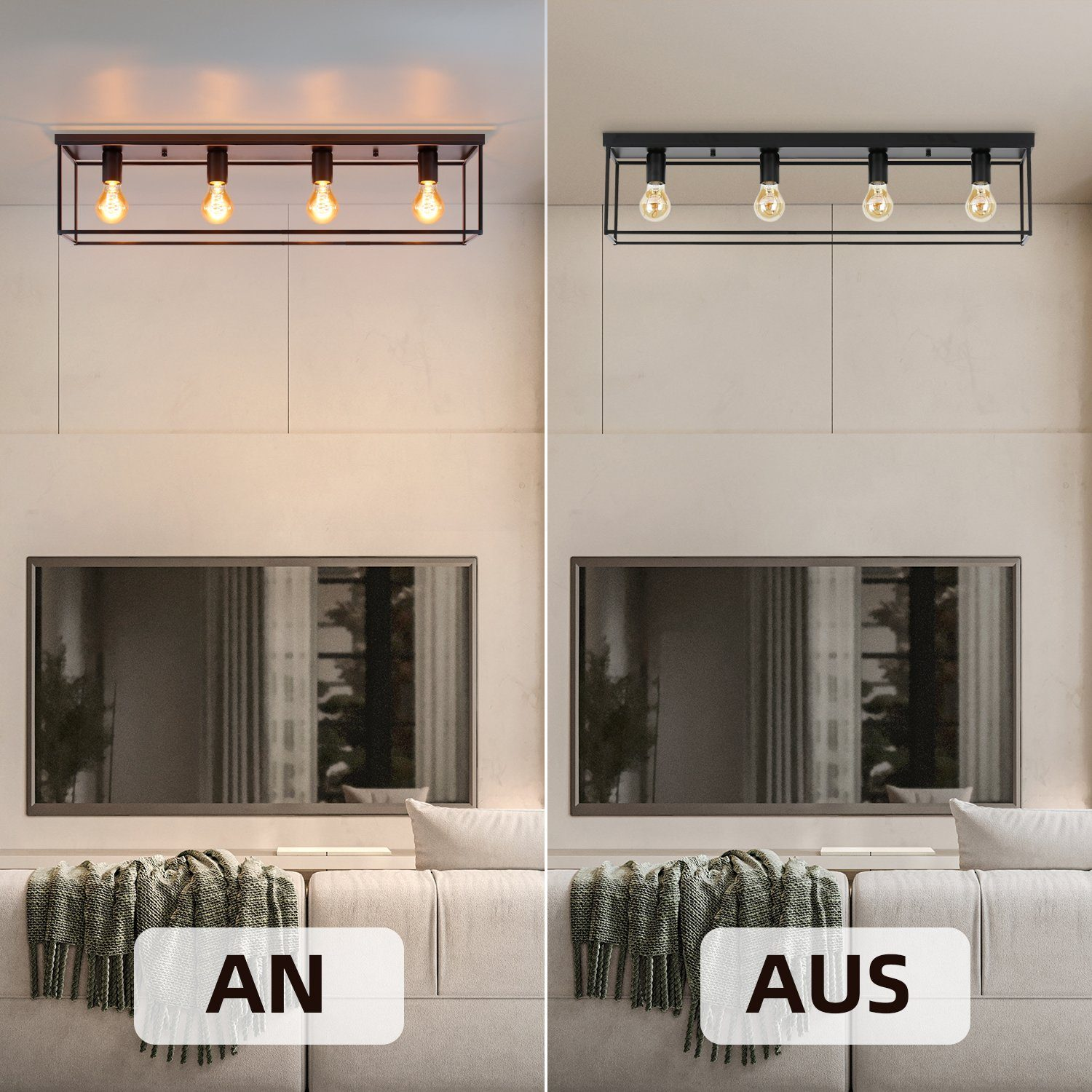 L'immagine mostra un apparecchio di illuminazione acceso e spento, con quattro lampadine. Sotto ci sono una TV, un divano e una coperta.