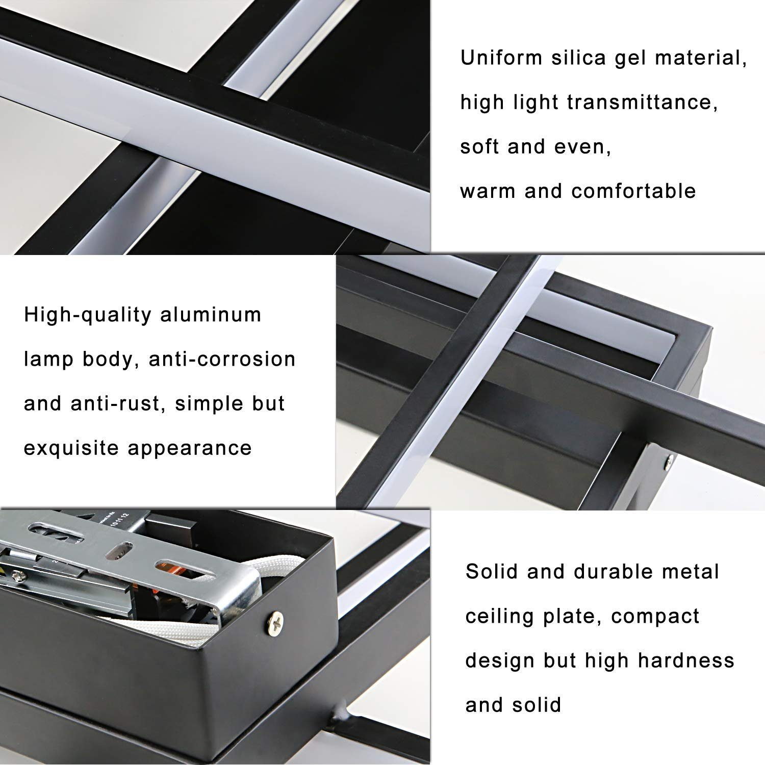 Primo piano di un moderno apparecchio di illuminazione. Presenta una struttura in metallo nero con strisce luminose bianche. I testi descrivono materiali e design.