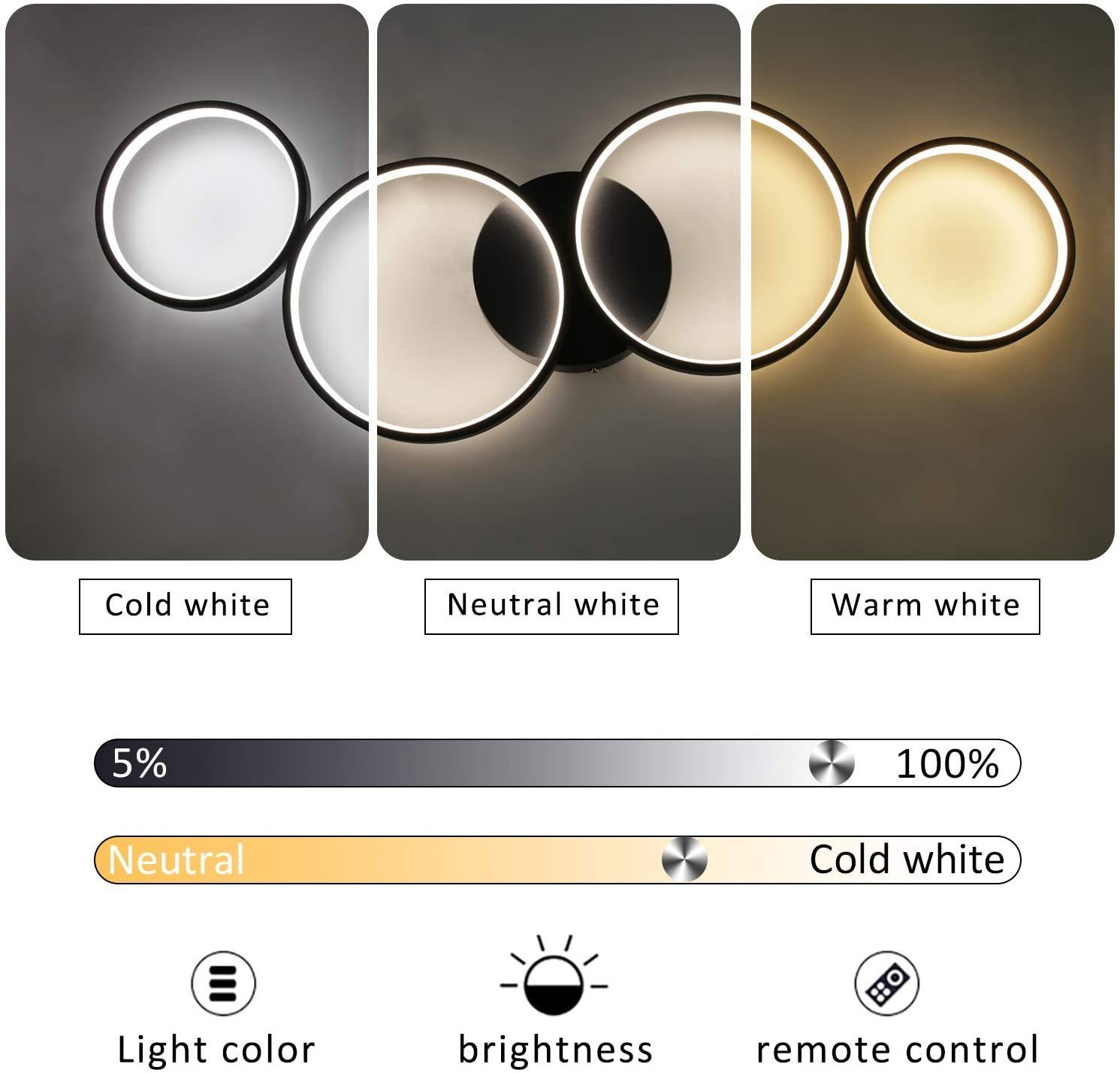 L'immagine mostra una moderna plafoniera con tre pannelli circolari. Vengono visualizzate le opzioni di luce bianca fredda, neutra e calda, con controlli di luminosità e colore.