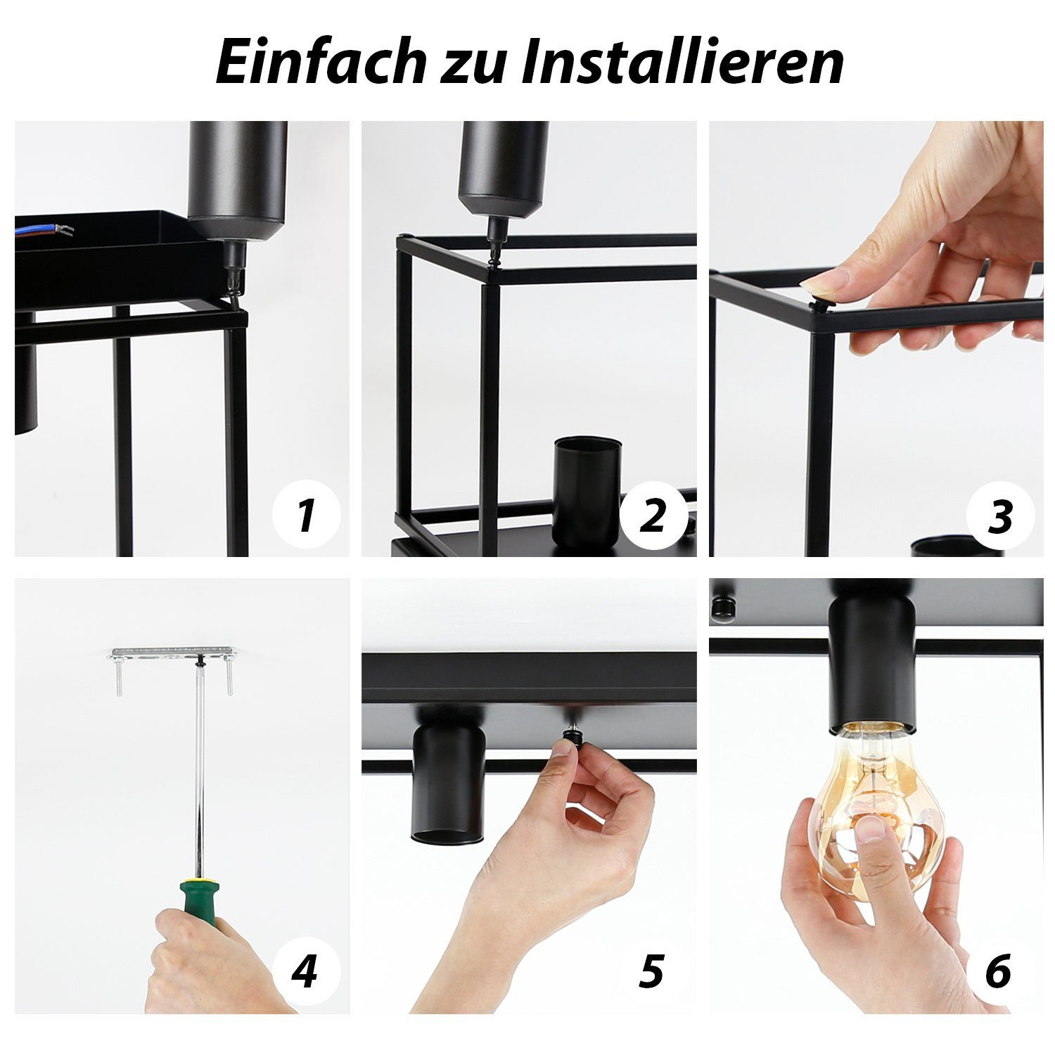 L'immagine mostra sei passaggi per assemblare una lampada nera. Le mani sono mostrate mentre assemblano le parti della lampada con un cacciavite e una lampadina.