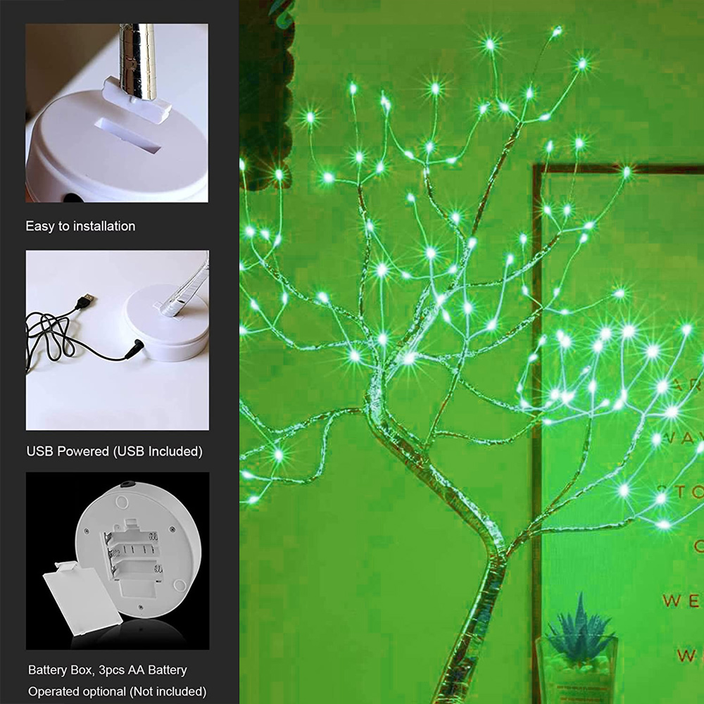 Ein dekorativer Baum mit grünen Lichtern. Enthält Nahaufnahmen von Sockel und USB-Stromdetails. Text: Einfache Installation, USB enthalten.