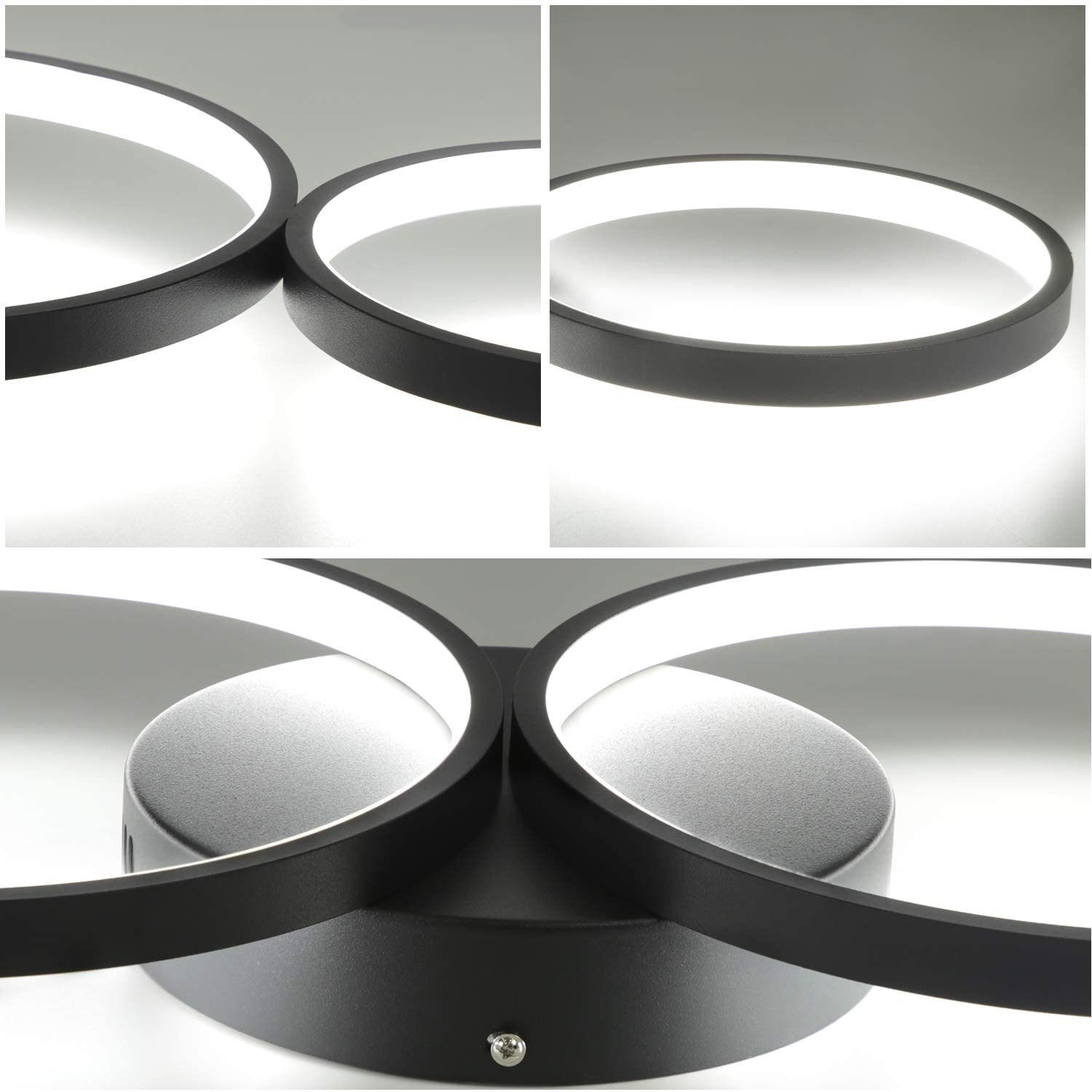 Primo piano di una moderna lampada da soffitto. Ha una cornice circolare nera con una luce bianca brillante al centro. Lo sfondo è bianco.