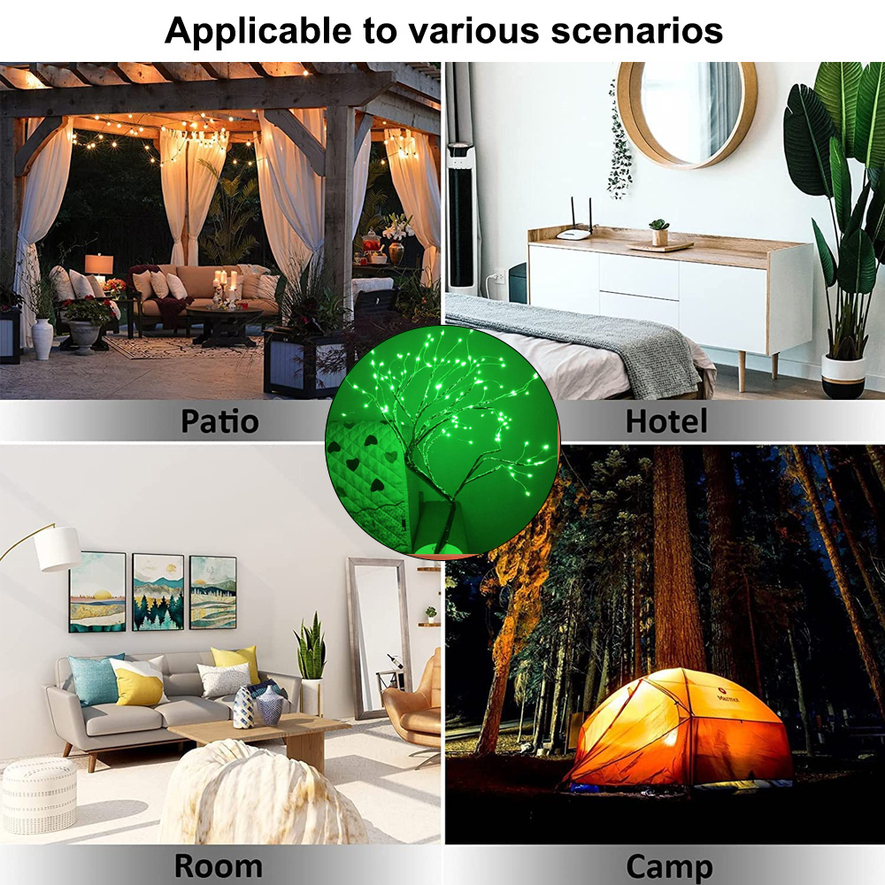 Das Bild zeigt Szenen: Terrasse mit Lichtern, Hotelzimmer, Wohnzimmer und ein Camp im Wald. In der Mitte befindet sich ein grüner Baum mit Lichtern.