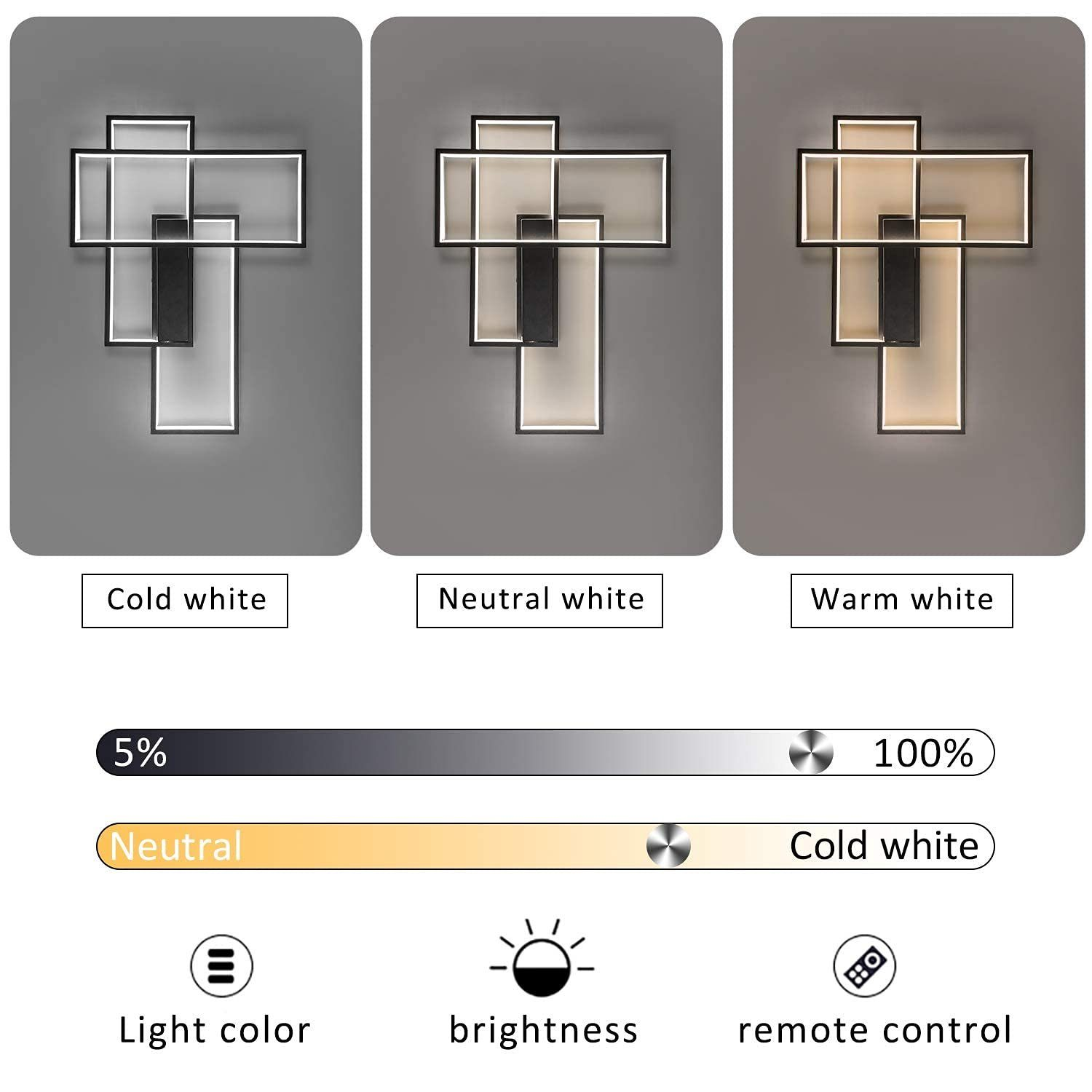 Tres lámparas de pared con diferentes temperaturas de luz. Debajo hay controles para el color de la luz, el brillo y el control remoto.