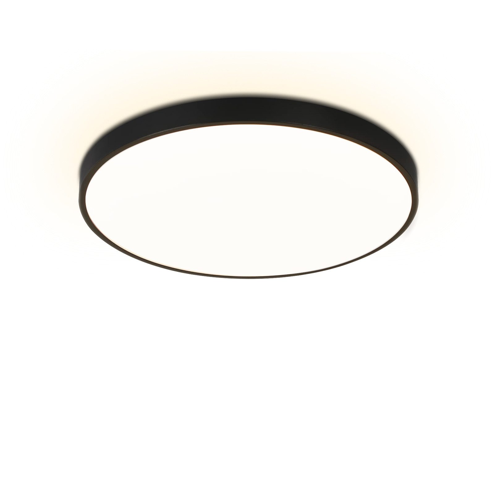 Una plafoniera rotonda con bordo nero. Il centro è bianco brillante, circondato da un bordo nero. Lo sfondo è bianco.