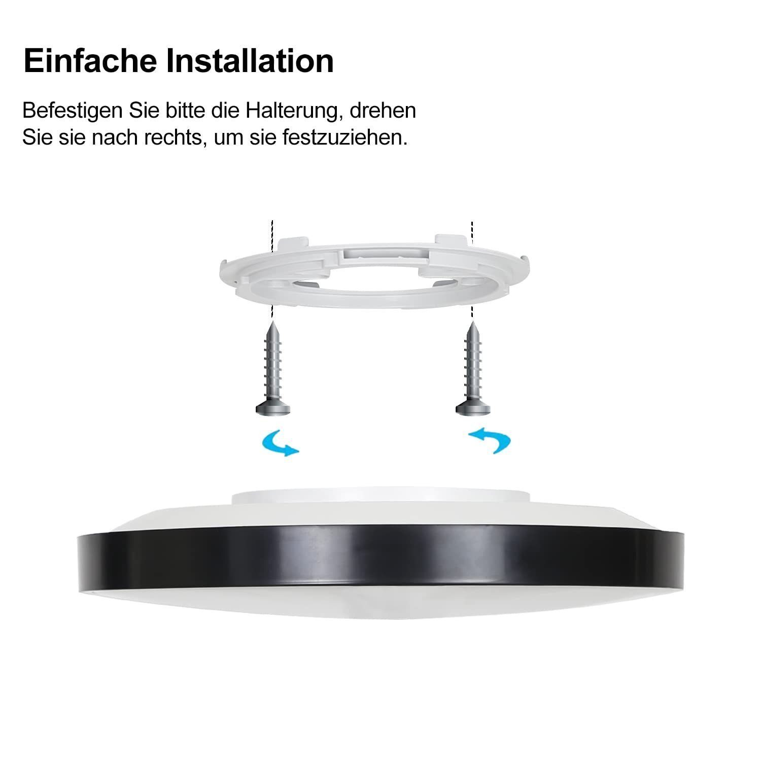Schema di installazione. Una staffa bianca sopra due viti. Un apparecchio di illuminazione bianco e nero sotto. Le frecce mostrano il montaggio.