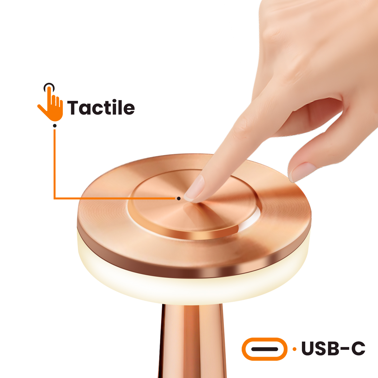 Eine Hand berührt eine kupferfarbene Lampe. Text zeigt eine taktile Steuerung und USB-C-Aufladung.