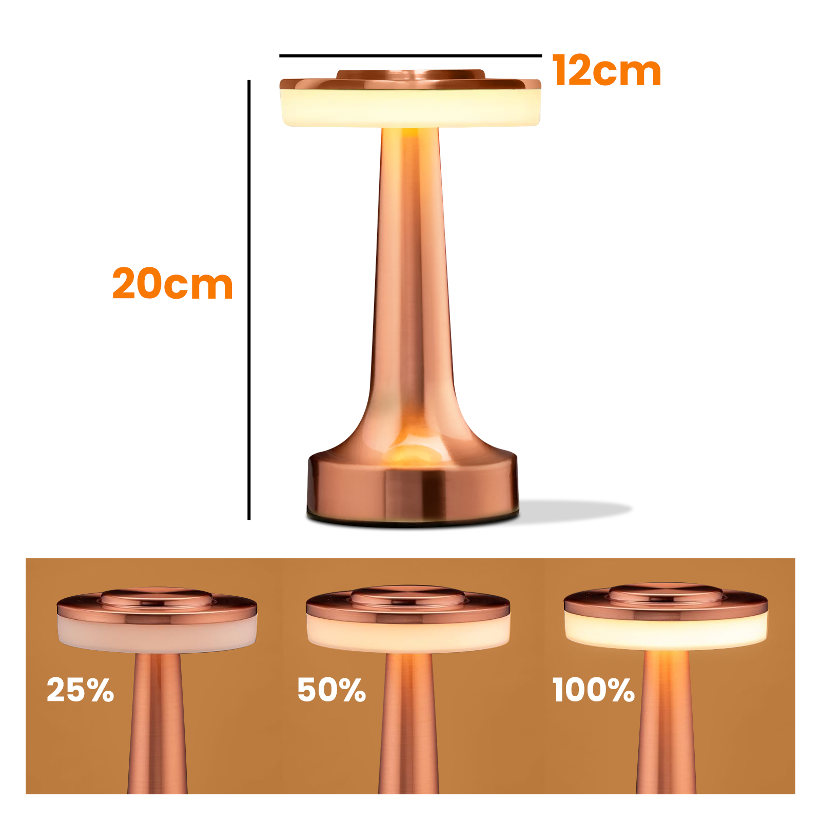 Eine kupferfarbene Lampe, 20 cm hoch, 12 cm breit. Sie hat eine beleuchtete Oberseite und drei Helligkeitsstufen: 25 %, 50 % und 100 %.