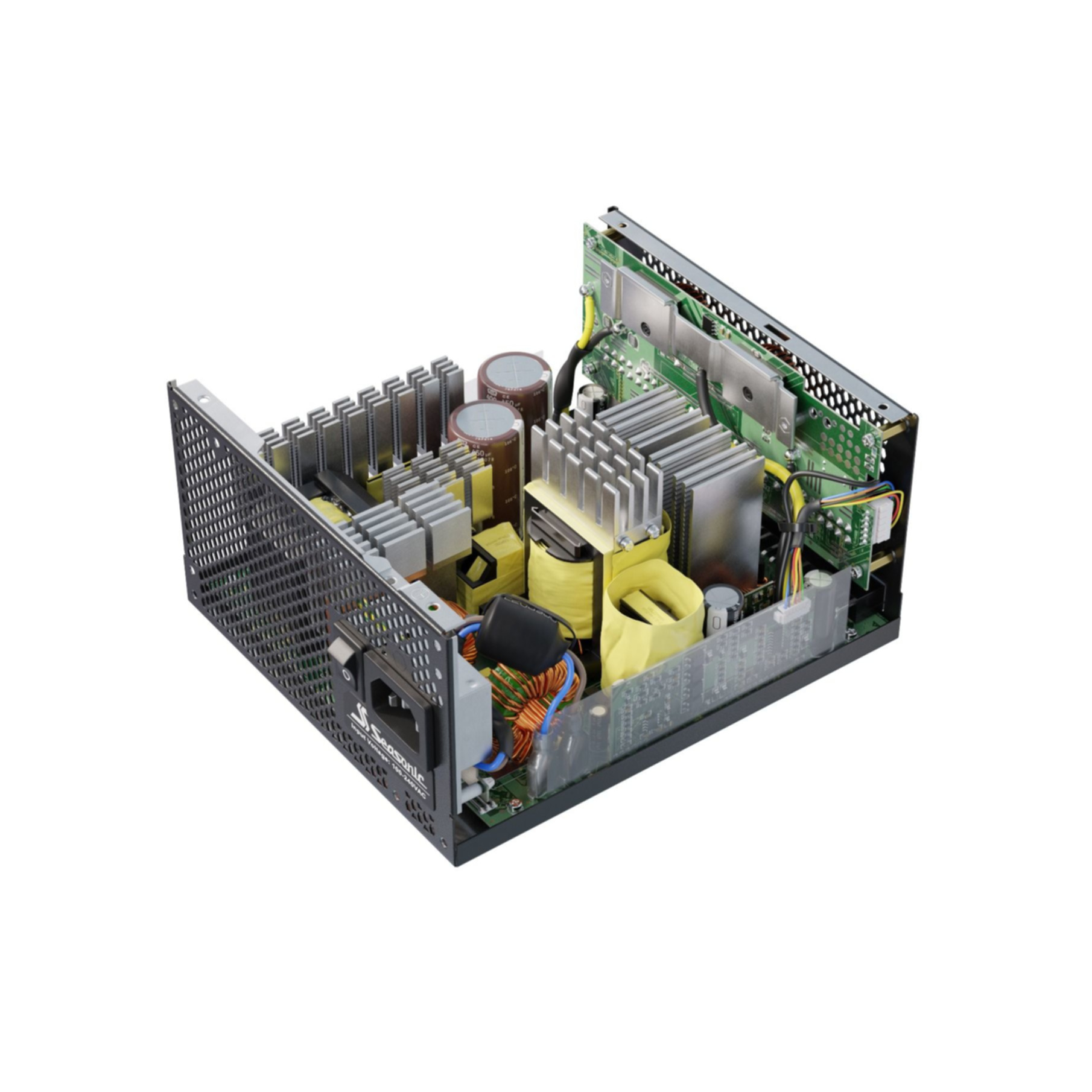 Otwarty zasilacz z widocznymi komponentami wewnętrznymi. Zawiera kondensatory, radiatory i okablowanie.