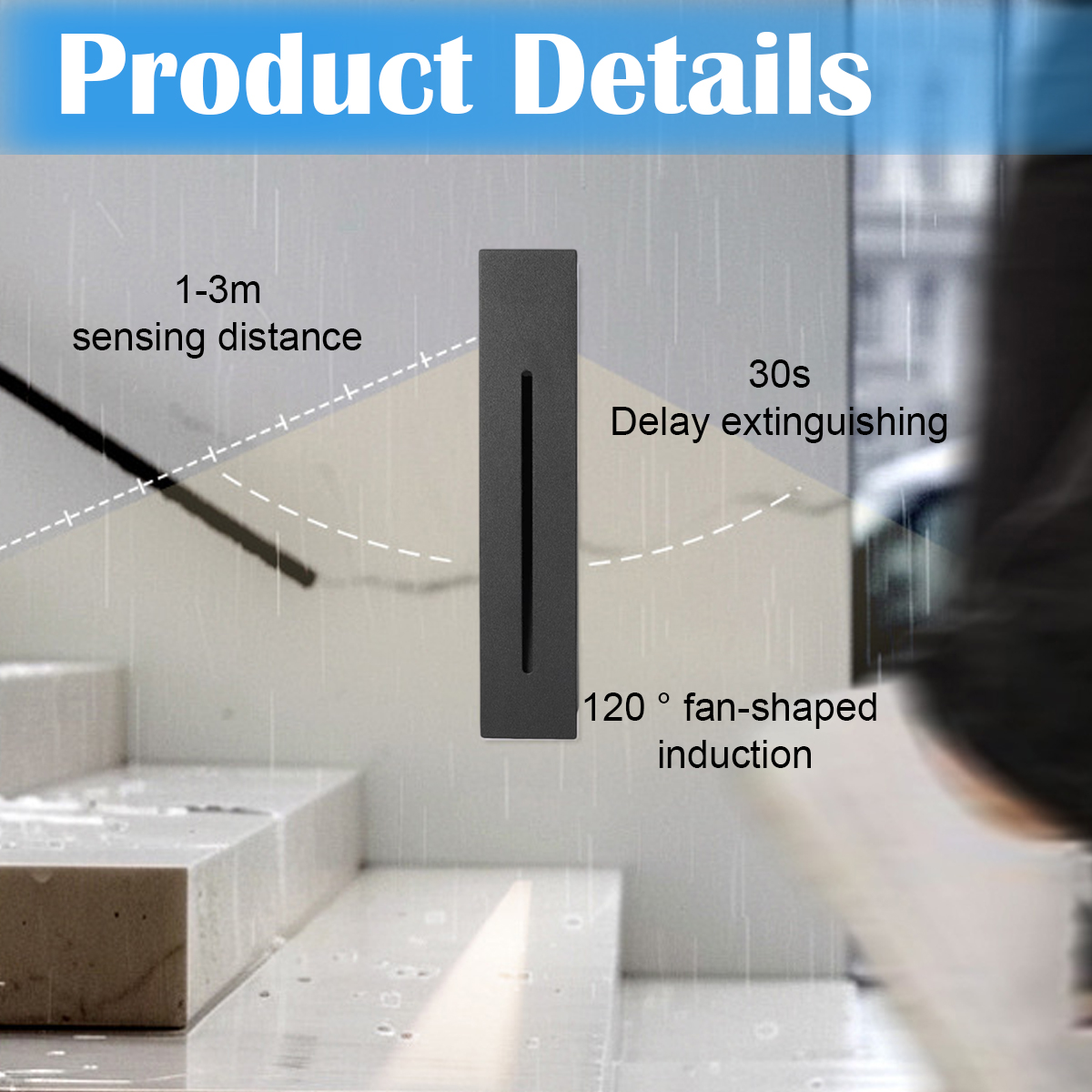 Produktdetails: ein schwarzes, rechteckiges Licht mit Spezifikationen, 1-3m Erfassung, 30s Verzögerung und 120° fächerförmige Induktion.