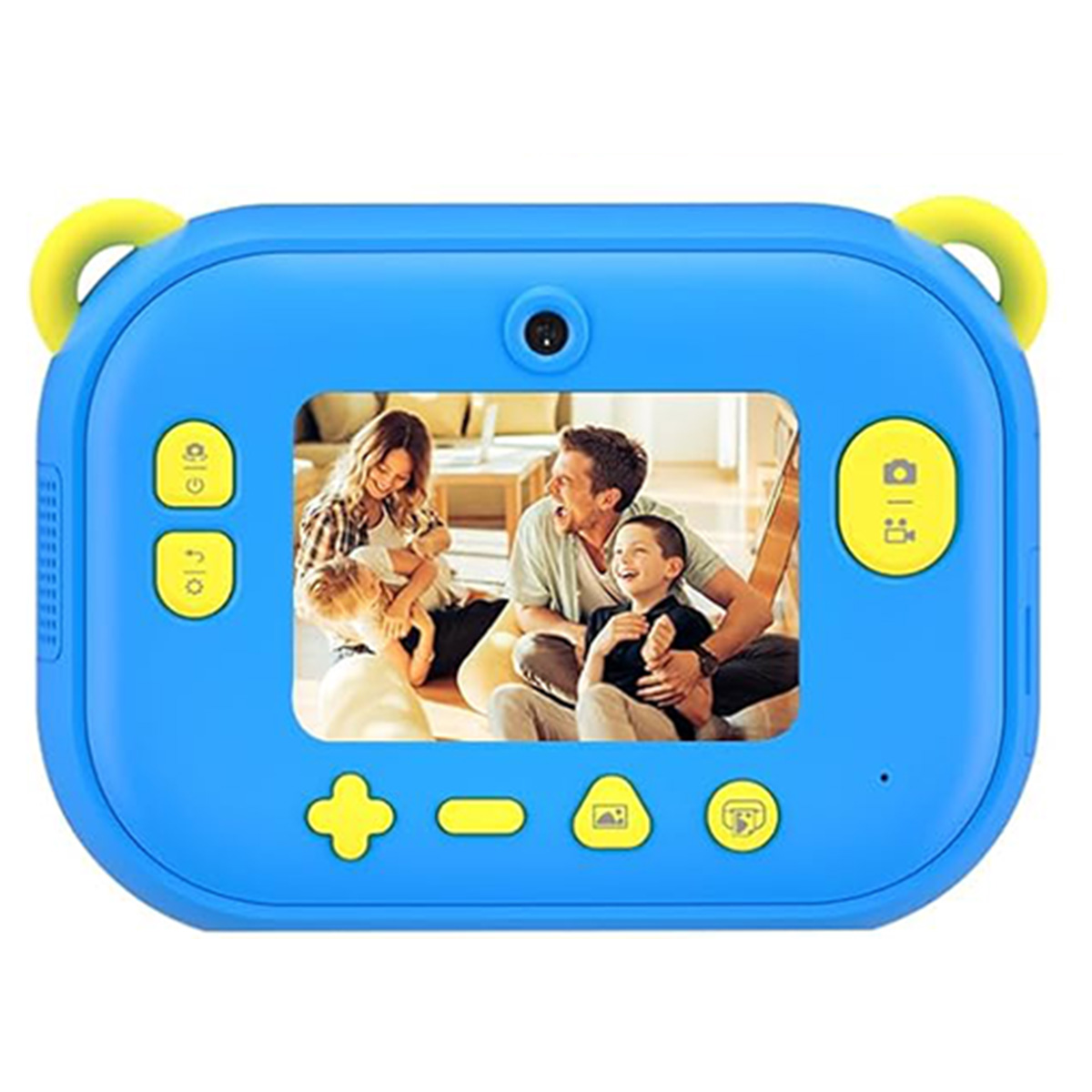 Una cámara azul para niños que muestra a una familia riendo. La cámara tiene asas y botones amarillos. La pantalla muestra una escena familiar.