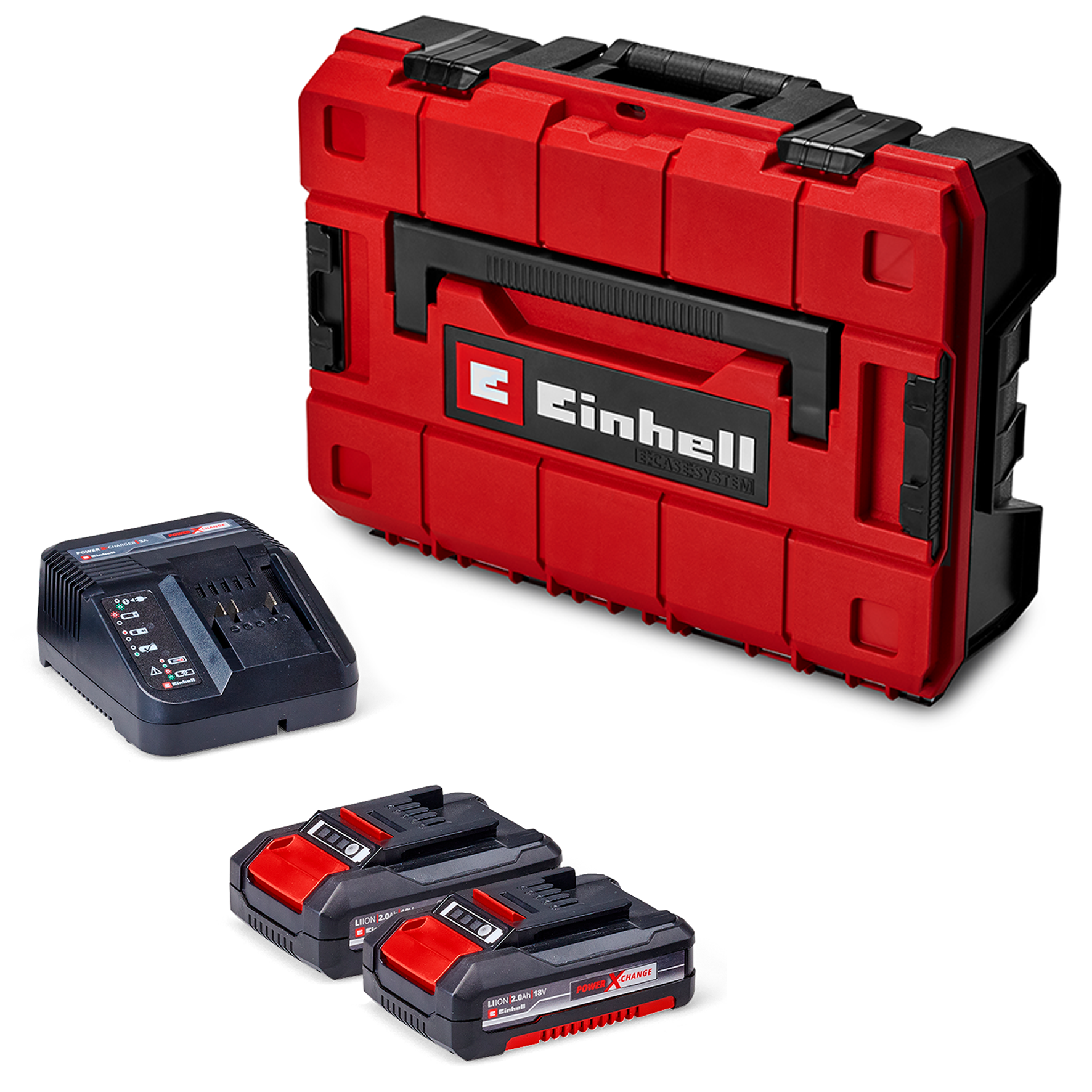 Ein roter Einhell-Werkzeugkoffer mit Ladegerät und zwei Batterien. Das Ladegerät ist schwarz, die Batterien sind schwarz und rot.