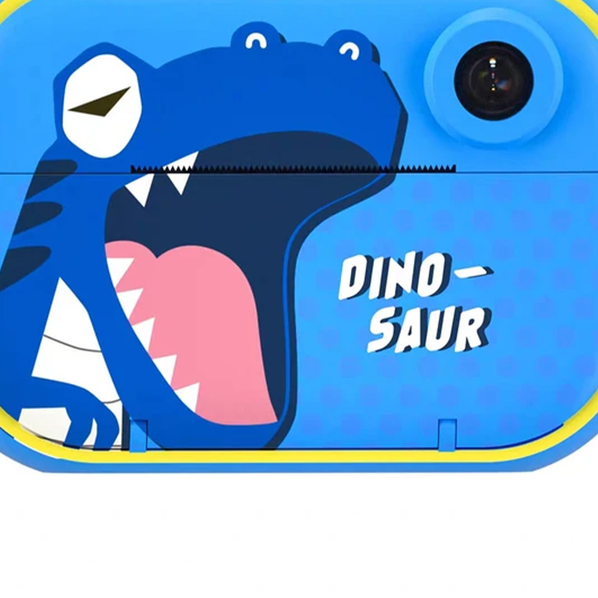 Una cámara azul para niños con diseño de dinosaurio. Presenta una cara de dinosaurio de dibujos animados y la palabra 'DINO-SAUR'.