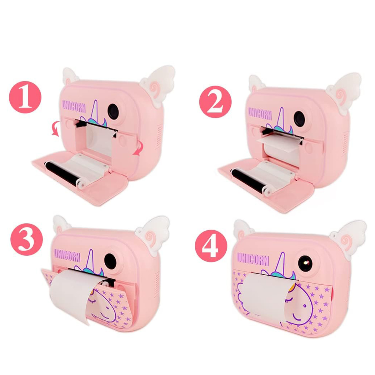 Impresora de fotos rosa con tema de unicornio. Cuatro etapas muestran el funcionamiento, incluida la salida de papel con diseño.