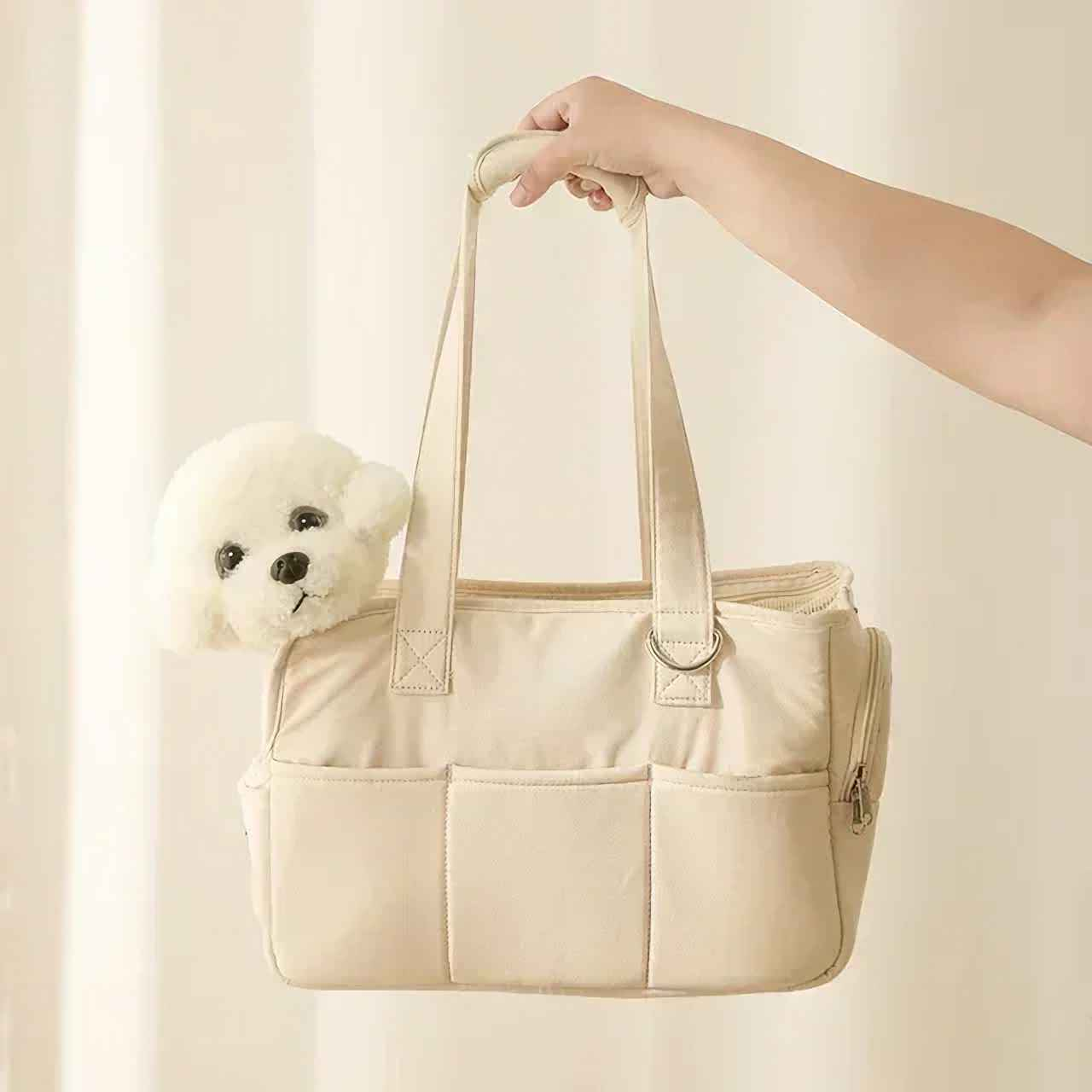 Eine beige Tragetasche wird von einer Hand gehalten. Ein weißes Hundespielzeug guckt heraus. Heller Hintergrund.