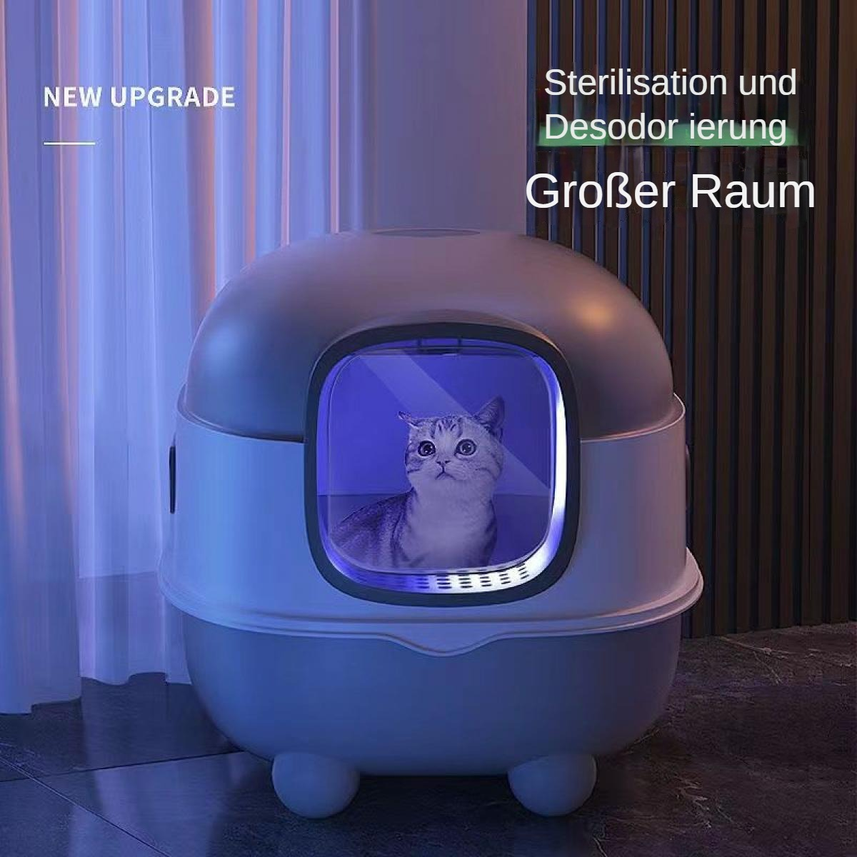 Eine Katze in einer grau-weißen Katzentoilette. Text sagt: "Sterilisation und Desodorierung Großer Raum".