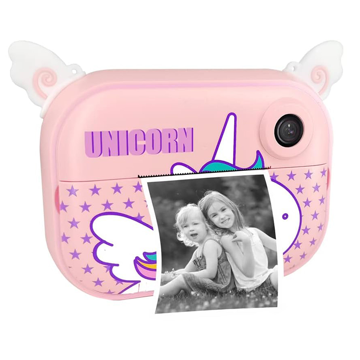 Cámara unicornio rosa con foto de dos niñas. Estrellas y alas decoran la cámara. La palabra 'UNICORNIO' está en la cámara.