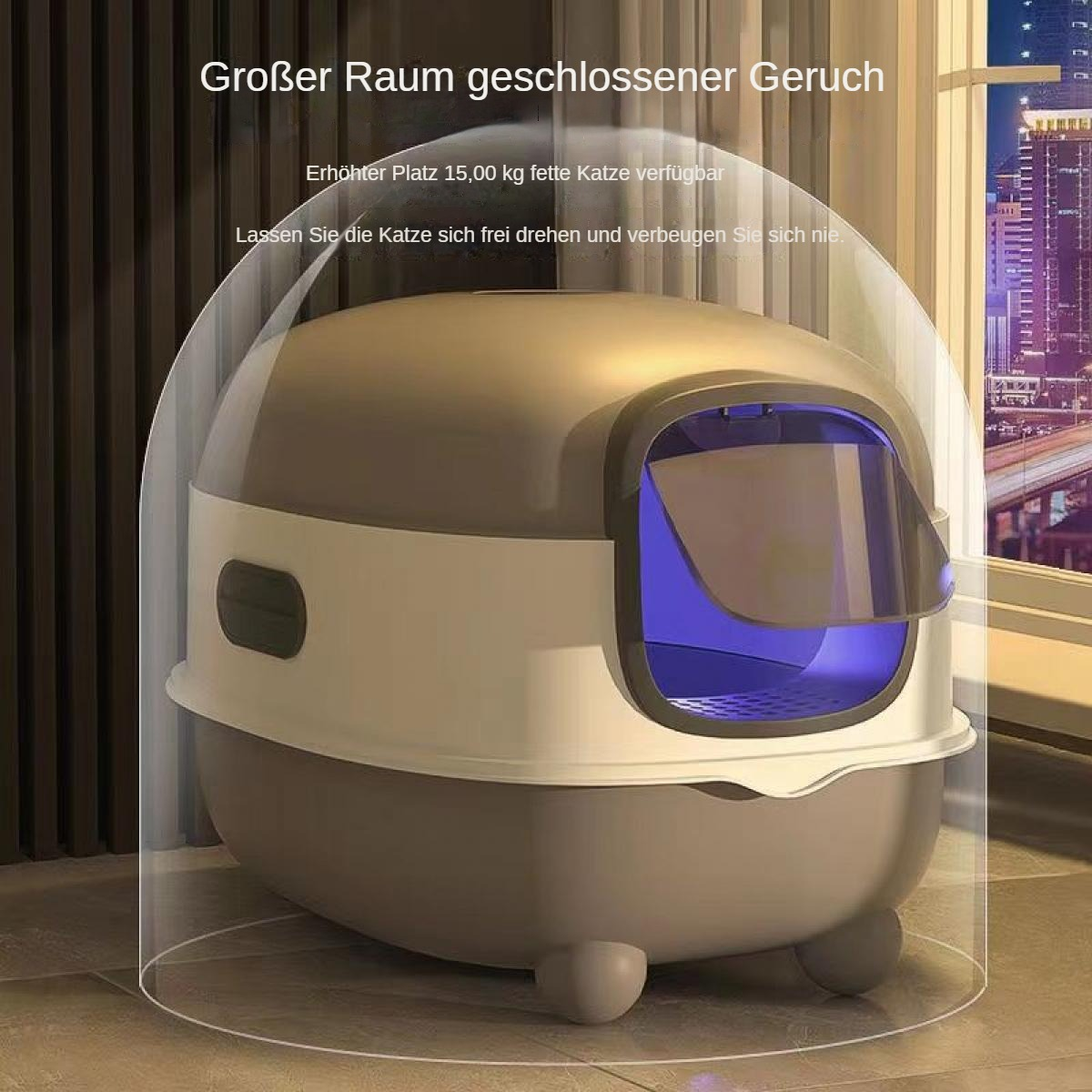 Moderne Katzentoilette in Grau und Weiß. Sie hat eine transparente Kuppel und einen blau beleuchteten Eingang, vor einem Fenster.