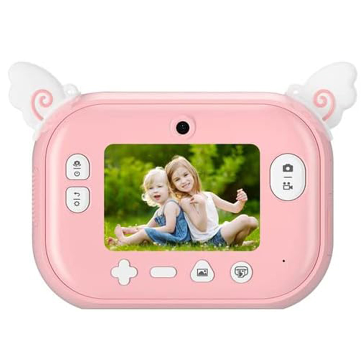 Cámara rosa con dos niñas en la pantalla. Tiene alas de ángel en la parte superior. Las niñas están sentadas en la hierba en la foto.