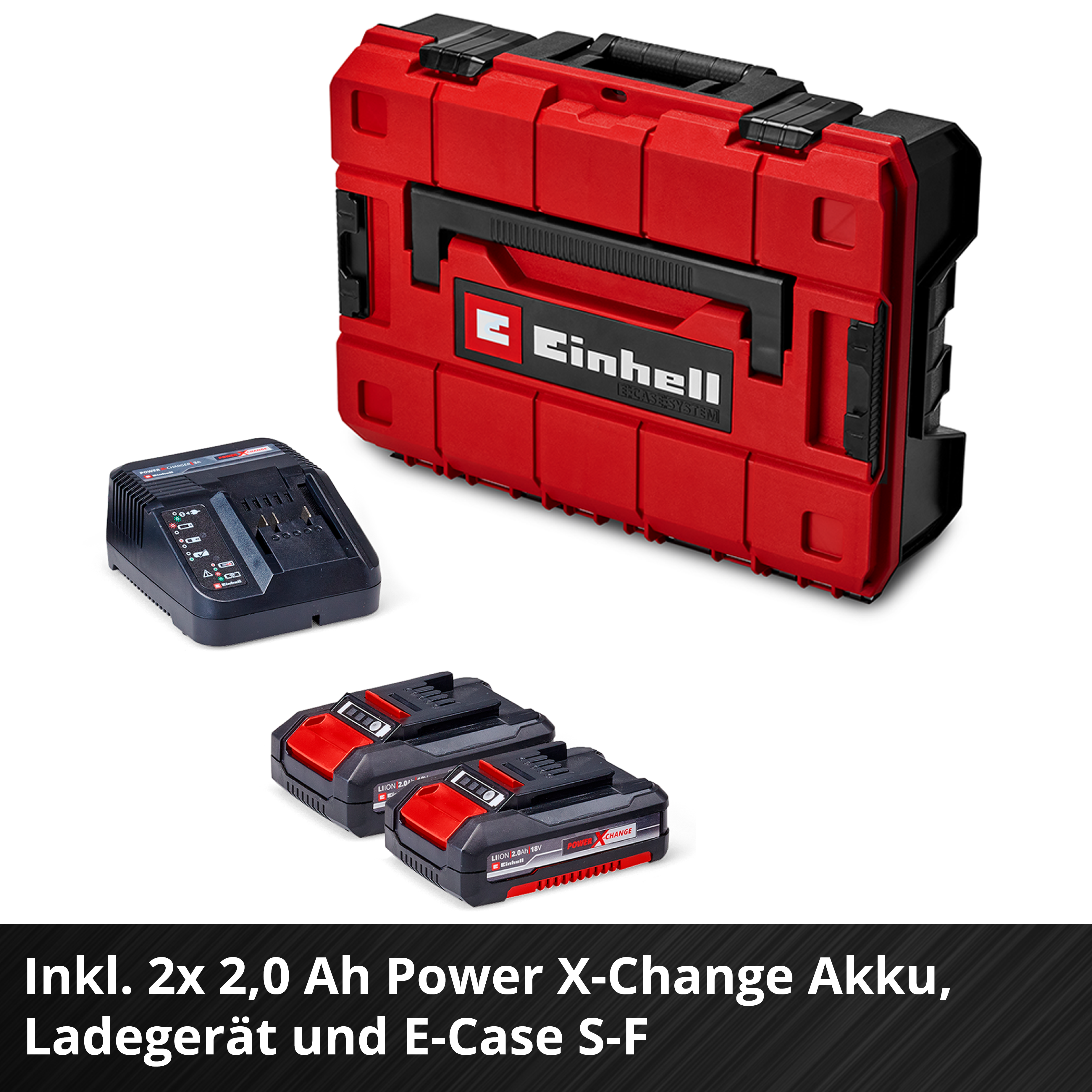 Roter Werkzeugkoffer mit schwarzem Griff, Ladegerät, zwei Batterien. Text: Power X-Change Akku, Ladegerät und E-Case S-F.