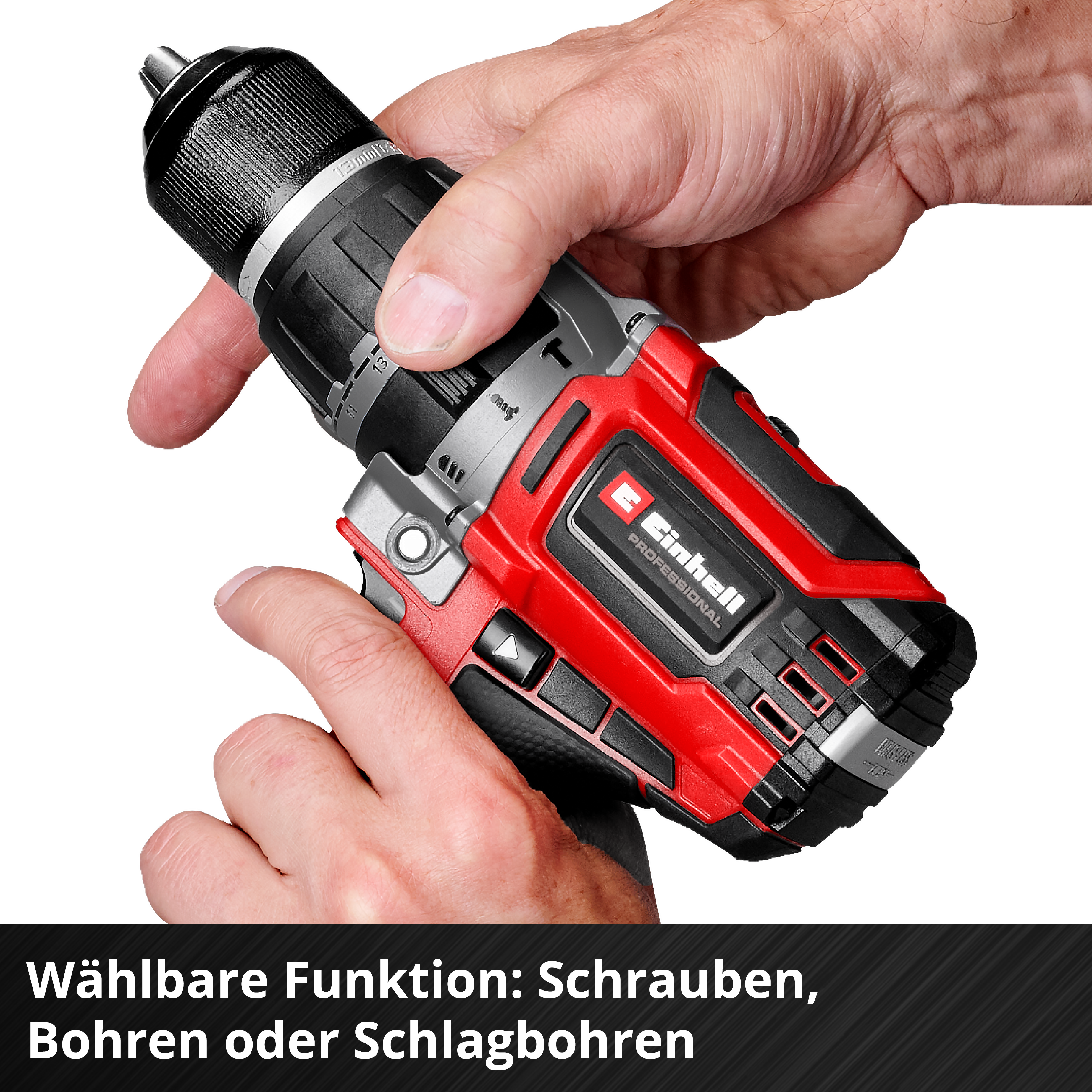 Hände halten einen rot-schwarzen Akkubohrer. Er hat 'Einhell Professional'. Text unten.