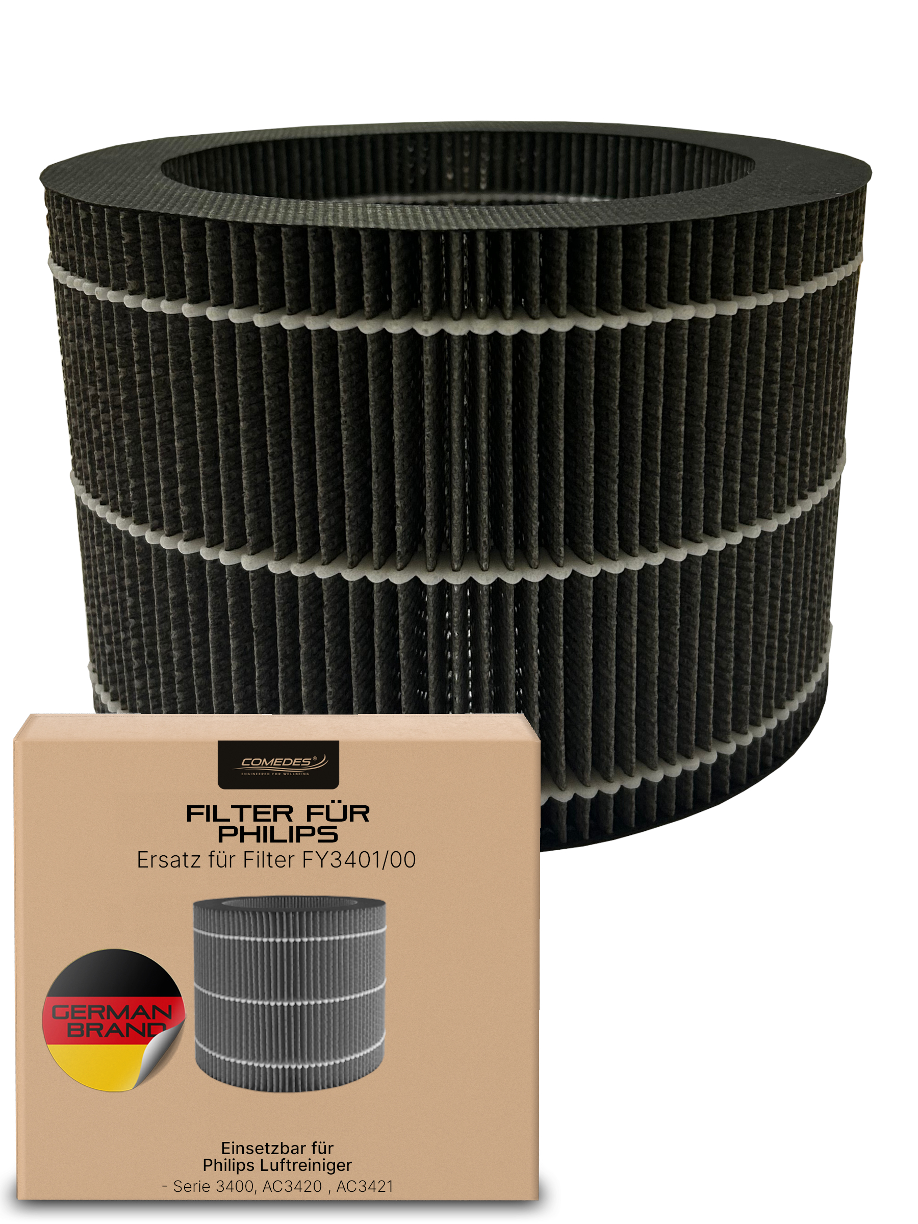 Ein zylindrischer Luftfilter mit einem Karton. Der Filter ist schwarz mit weißer Auskleidung. Die Box hat Text und einen Aufkleber.