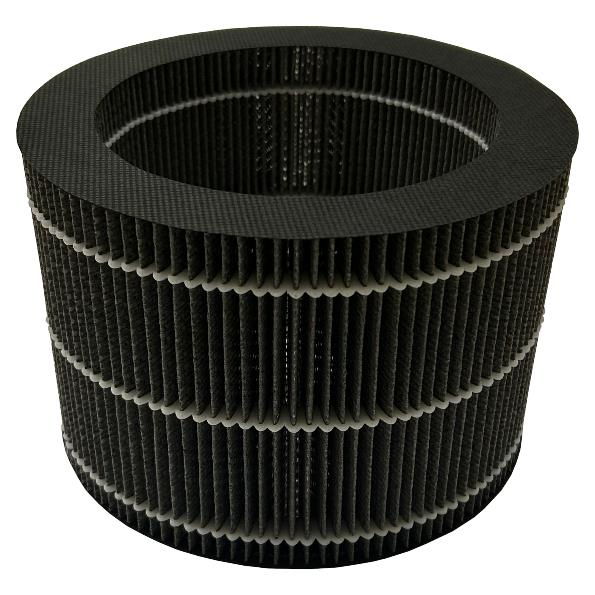 Schwarzer zylindrischer Luftfilter mit geschichtetem, plissiertem Design und weißen Stützstrukturen. Der Filter hat eine strukturierte Oberfläche.